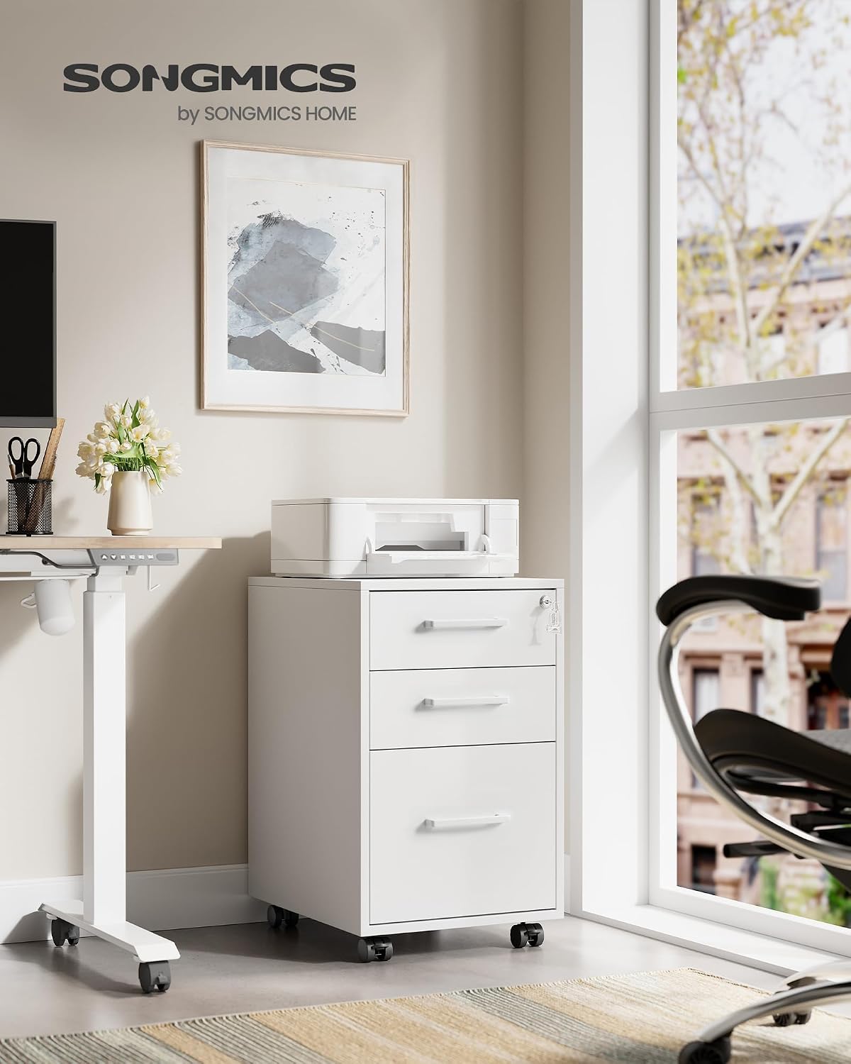 SONGMICS File Cabinet, Pre-Assembled Except Wheels and Handles, Office Filing Cabinet with Lock, for A4, Legal, Letter Sized Documents