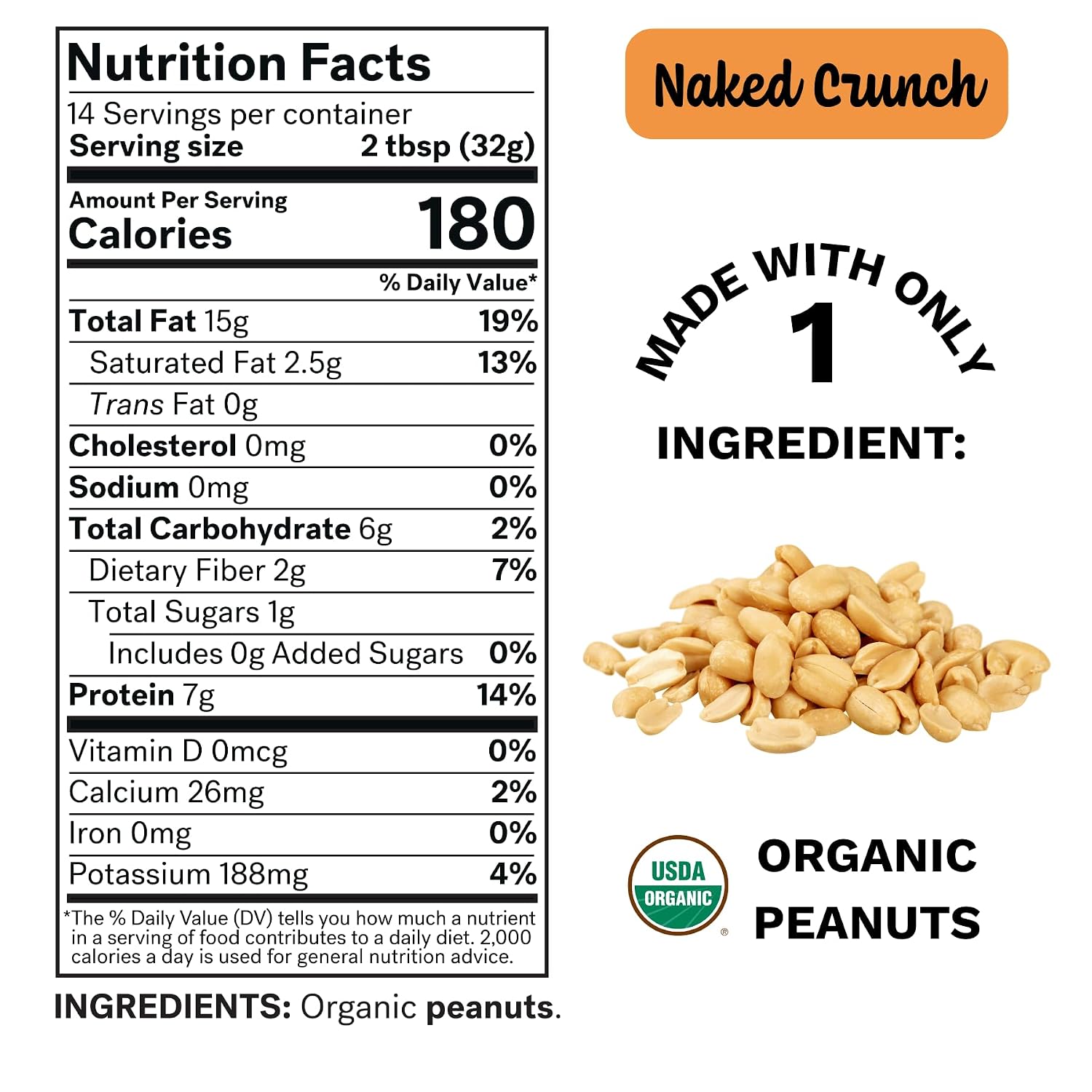 Spread The Love NAKED CRUNCH Organic Peanut Butter, 16 oz Jar, 1 Pack | USDA Organic, All Natural, Vegan, Gluten Free, Dry Roasted