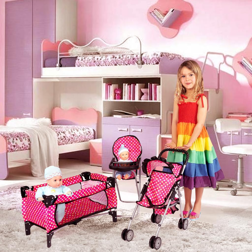 fash n kolor 4 Piece Baby Doll Play Set Flower Design Includes - Foldable Pack N Play, Baby Doll Stroller, Baby Doll High Chair, Infant Seat, Fits Up to 18'' Doll 4 Piece Doll Accessories Set