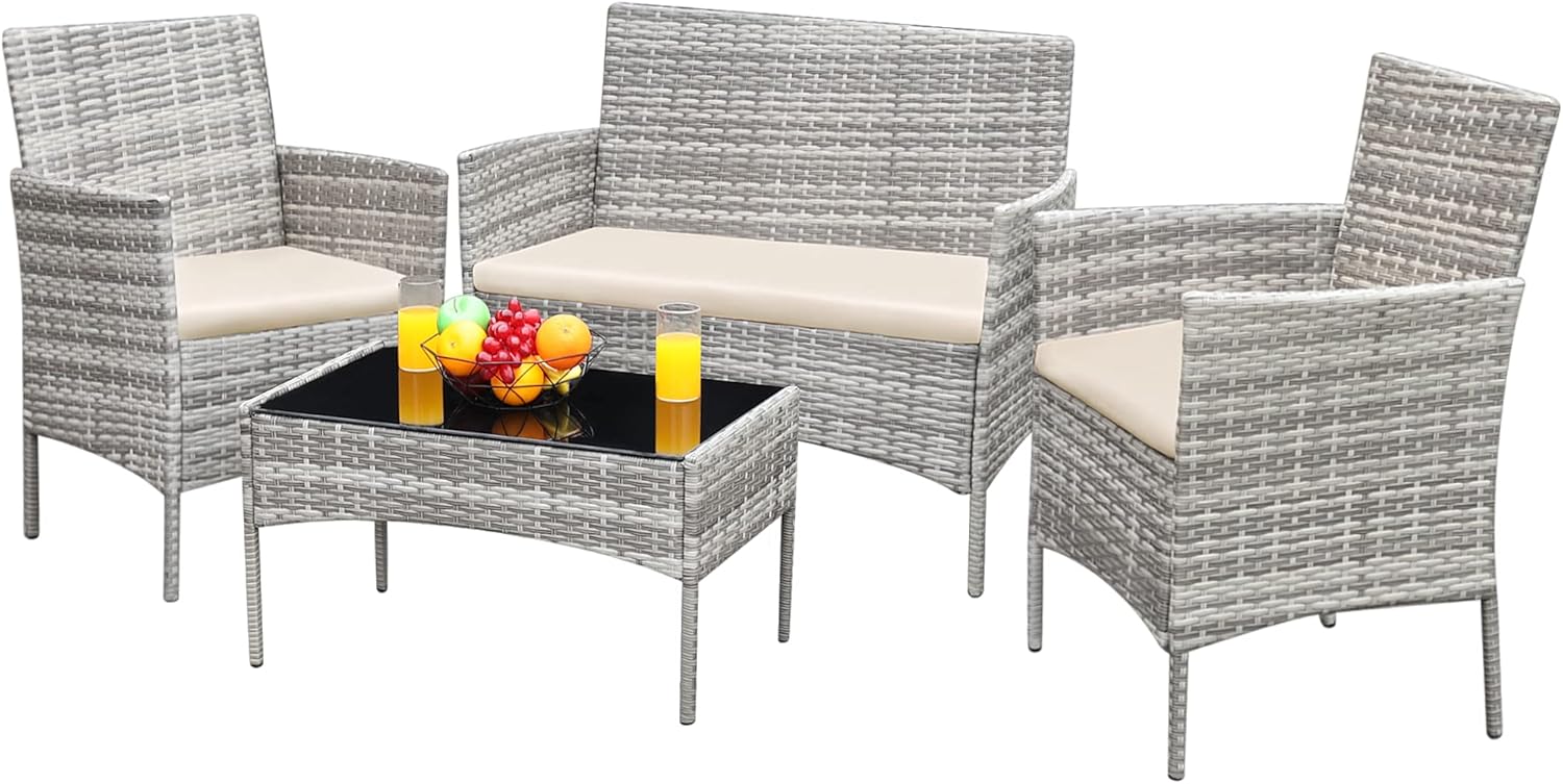 Greesum Patio Furniture 4 Pieces Conversation Sets,Brown and Beige