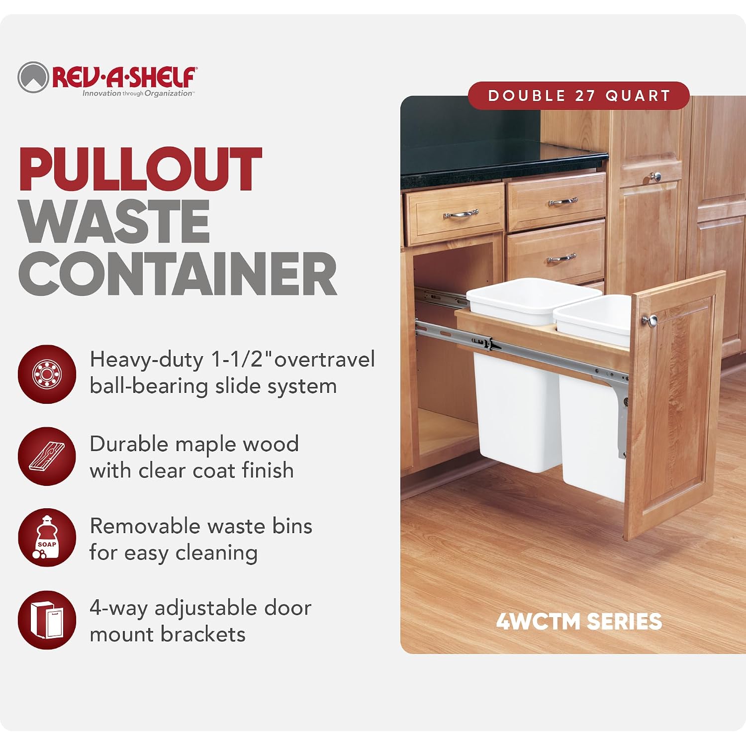 Rev-A-Shelf Top Mount Double Pullout Under Cabinet 50 Quart Kitchen Trash Cans w/Soft-Close for Full Height Cabinet, 150 Pound Rated Full-Extension Slides, 4WCTM-2150BBSCDM-2