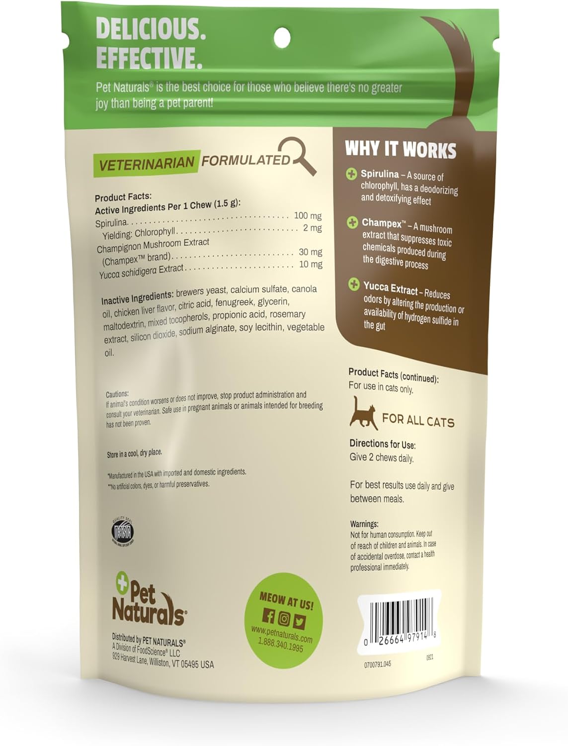 Pet Naturals Clean Scat Soft Chews for Cats, Reduce Litter Box Odor, Cat Breath Freshener, Balance Gut, Spirulina and Mushroom Extracts