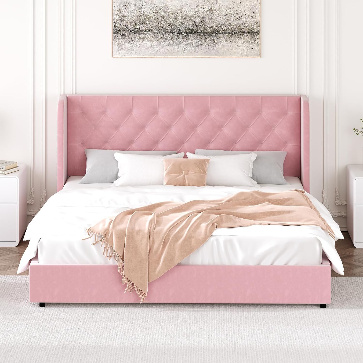 HOMBCK Full Size Bed Frame with Headboard, Upholstered Platform Bed, White | Velvet Tufted Curved Wingback/Wooden Slats Support/No Box Spring Needed/Noise-Free/Easy Assembly