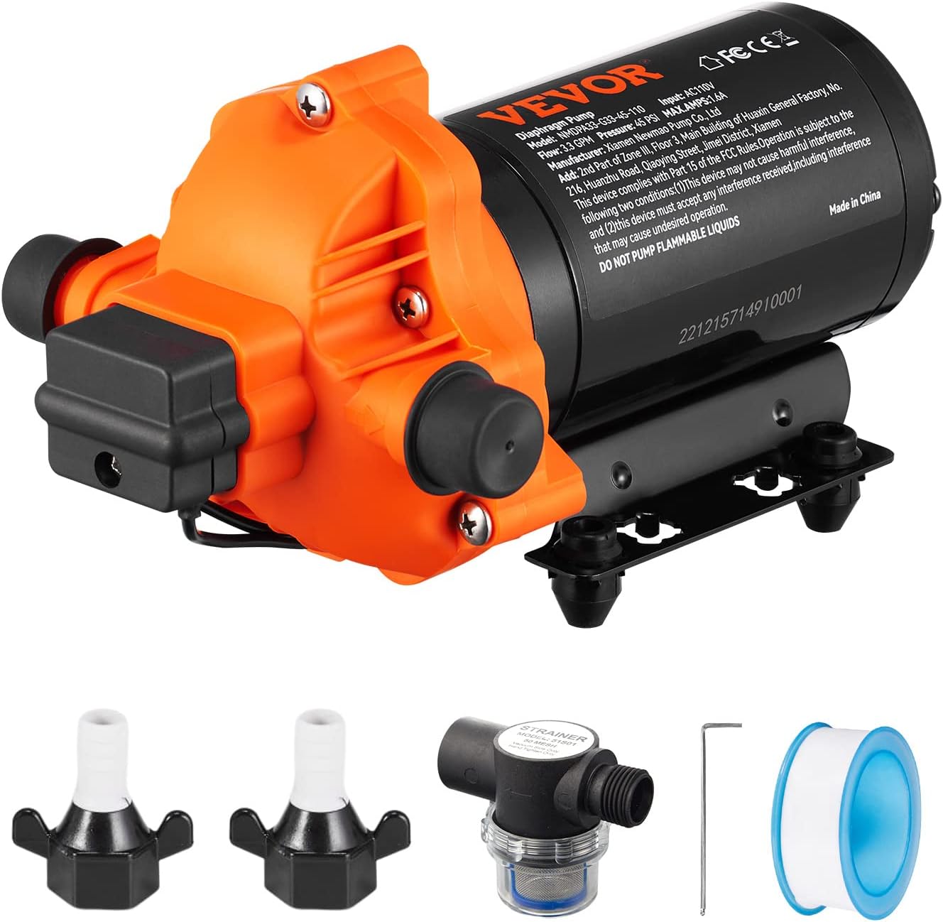 VEVOR Water Pressure Diaphragm Pump, RV Water Pump, Fresh Water Pump110V AC, 3.3 GPM, Pressure Adjustable