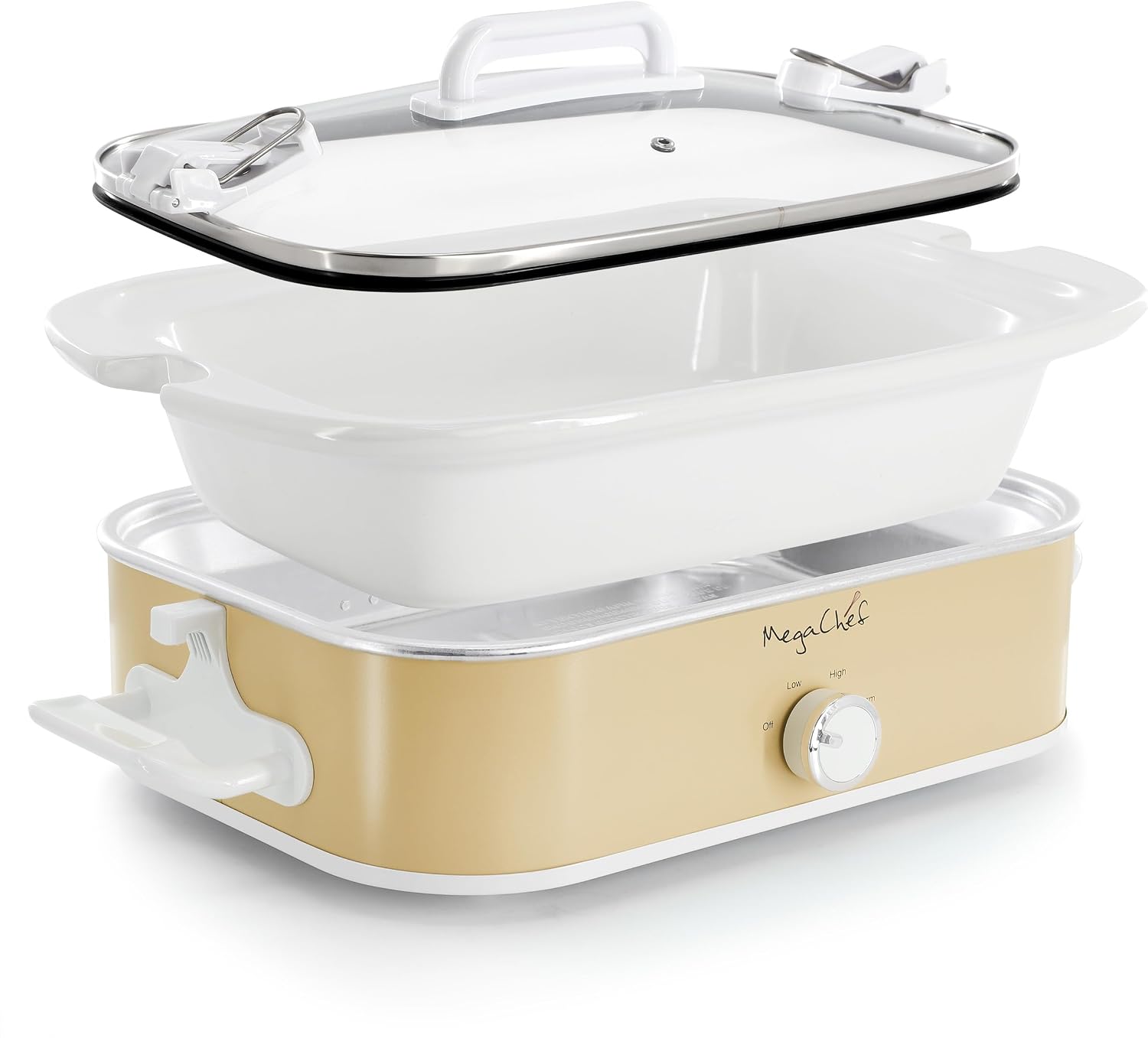 MegaChef 3.5 Quart Rectangle Casserole Slow Cooker with 3 Temperature Settings, Carry Handles and Locking Tempered Glass Lid (Cream)