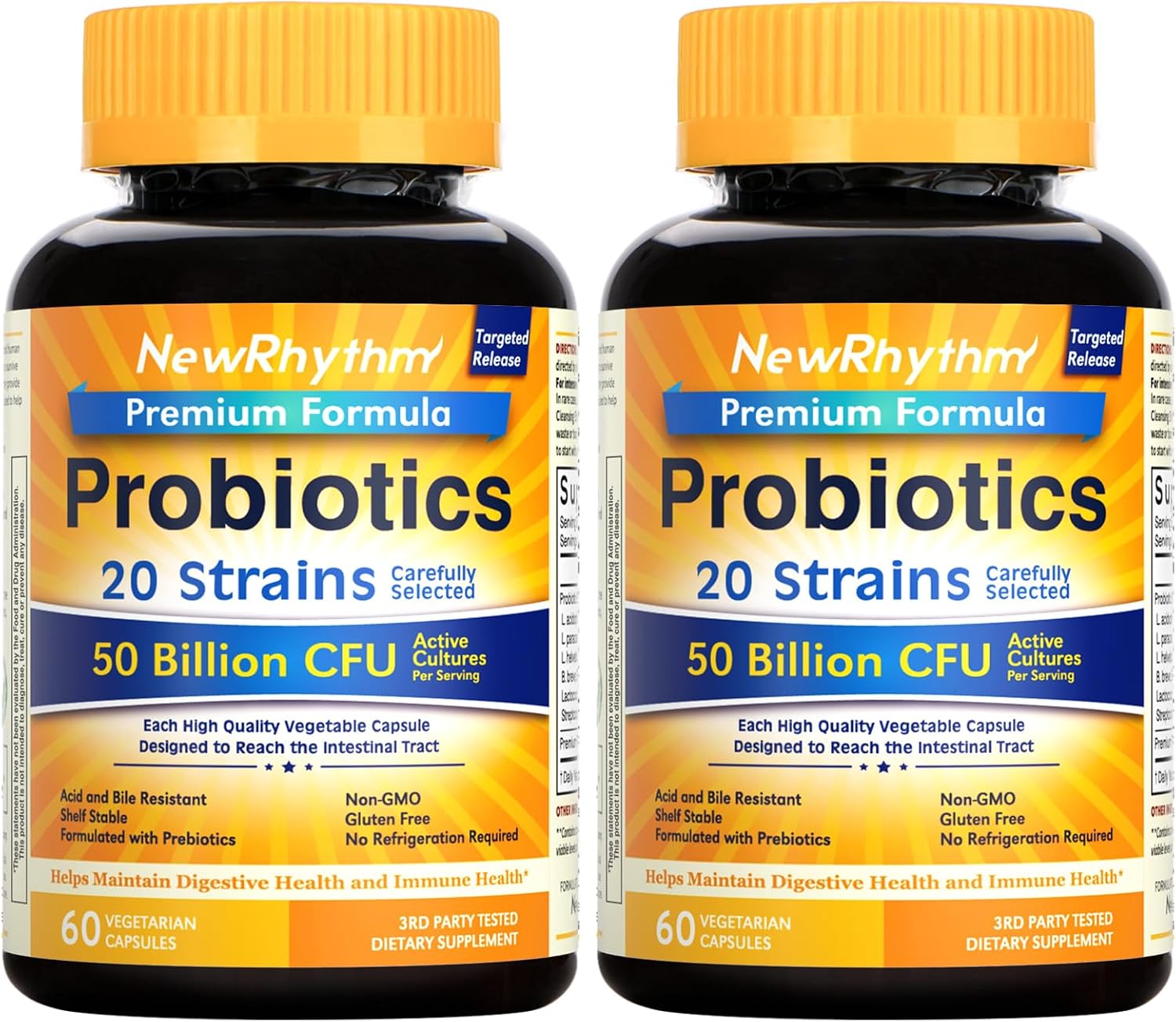 NewRhythm Probiotics 50 Billion CFU 20 Strains, 60 Veggie Capsules, Targeted Release Technology, Stomach Acid Resistant, No Need for Refrigeration, Non-GMO, Gluten Free