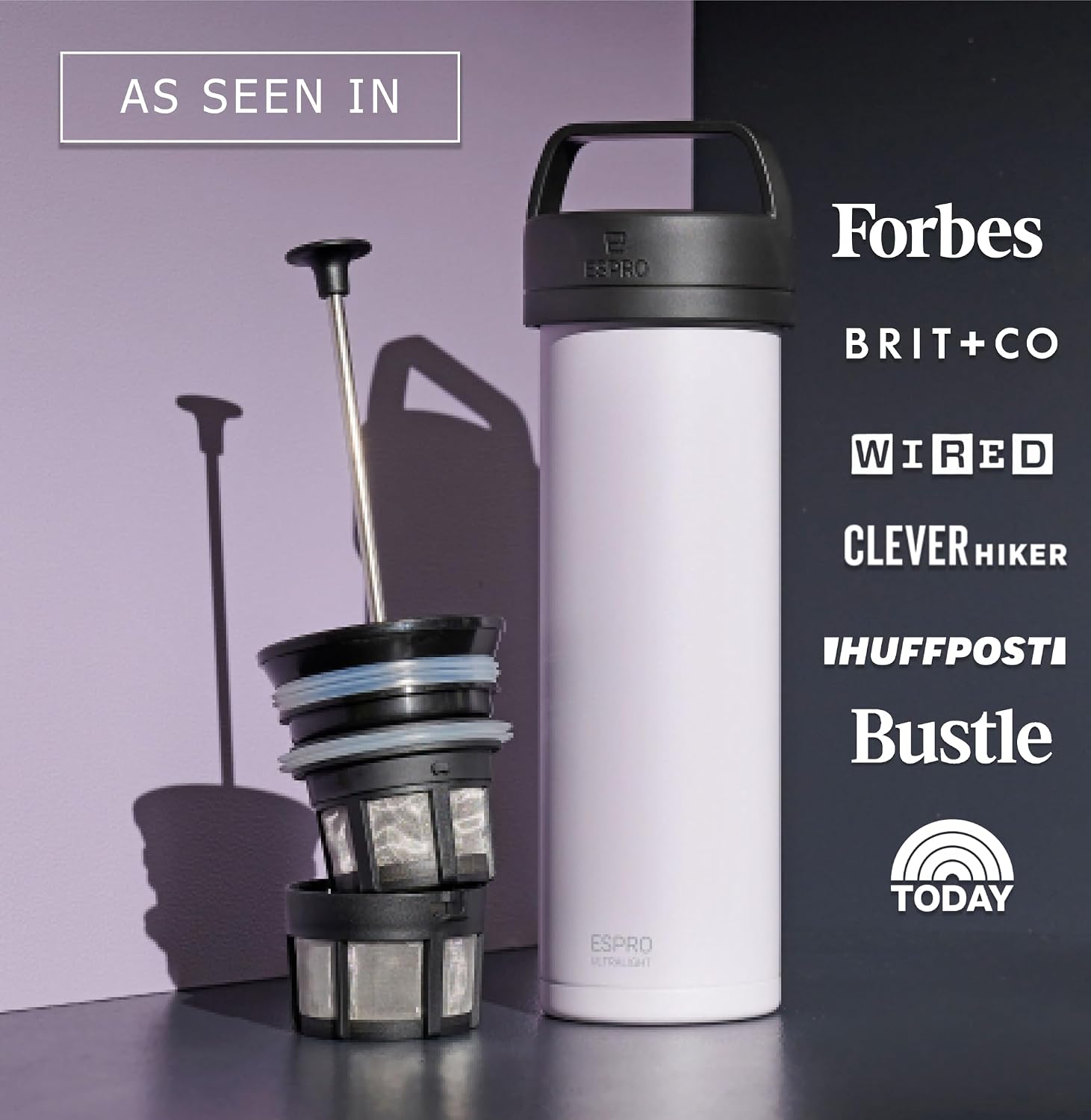 ESPRO Go P0 Ultralight French Press Coffee Maker for Travel, Vacuum Insulated Stainless Steel, 16 Ounces, Matte Meteorite Black