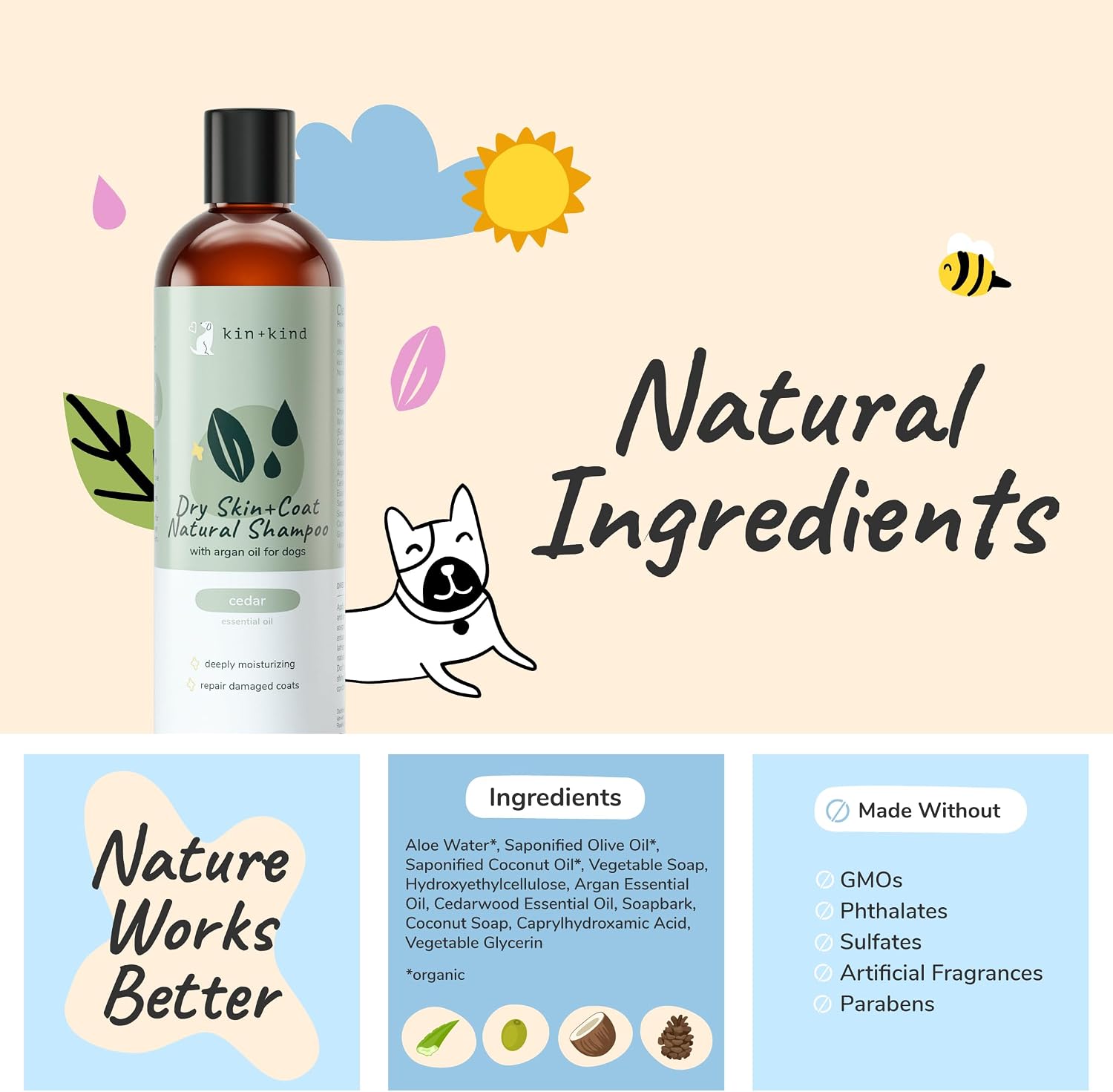 kin+kind Dry Skin + Coat Natural Dog Shampoo - for Dry Skin & Coat - Argan Oil Moisturizing Clean - Cedarwood Fragrance - 12 fl oz