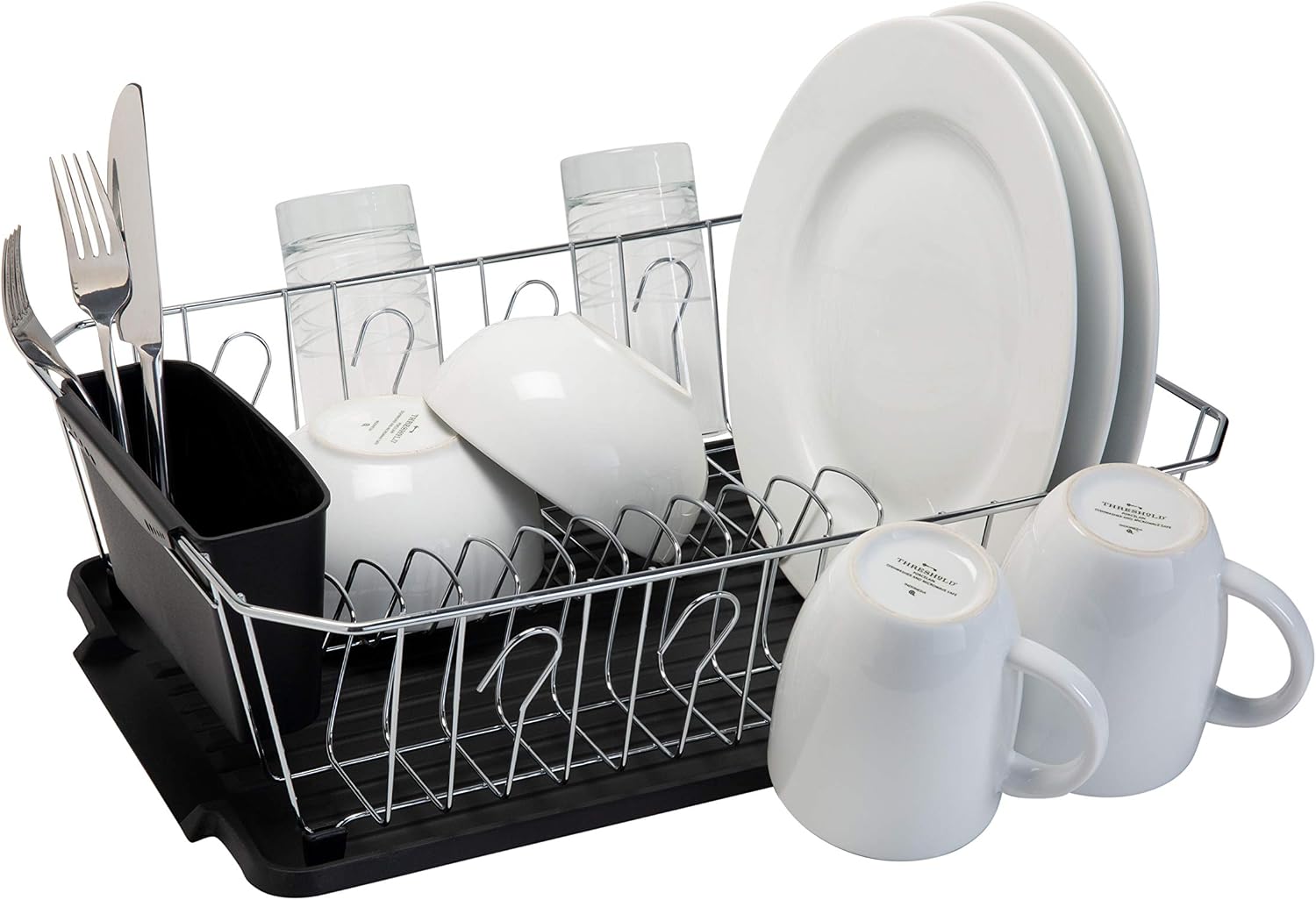 Kitchen Details 3 Piece Dish Rack | Drying Rack, Cutlery Basket & Drainboard Tray | Countertop | Self Draining | Open Wire Design | Chrome | White