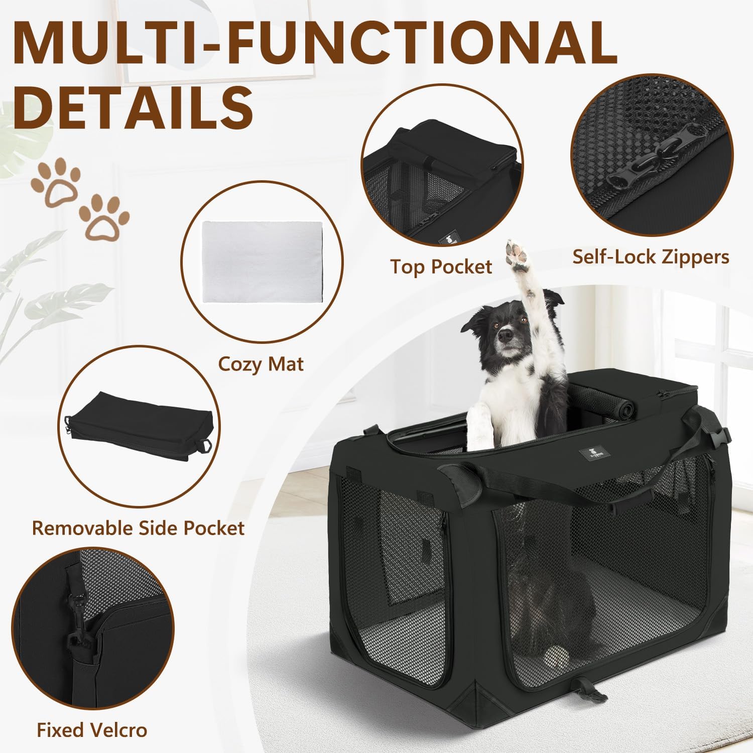 X-ZONE PET Dog Crate 3-Door Kennel, Collapsible Portable Soft Sided Pet Carriers for Indoor & Outdoor, Multiple (32-Inch, Carbon Black)