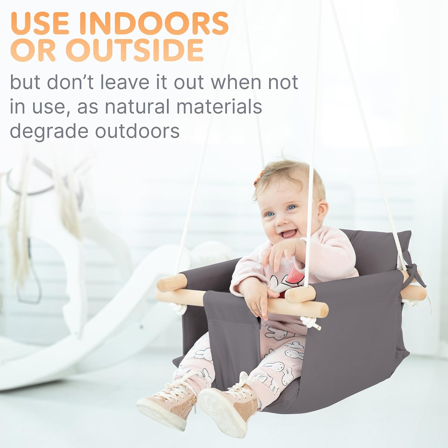 CaTeam Canvas Baby Swing Seat with 5-Point Safety Belt — Wooden Hanging Toddler Swing, Indoor & Outdoor, Ages 1-4, Ceiling Mount Hardware Included