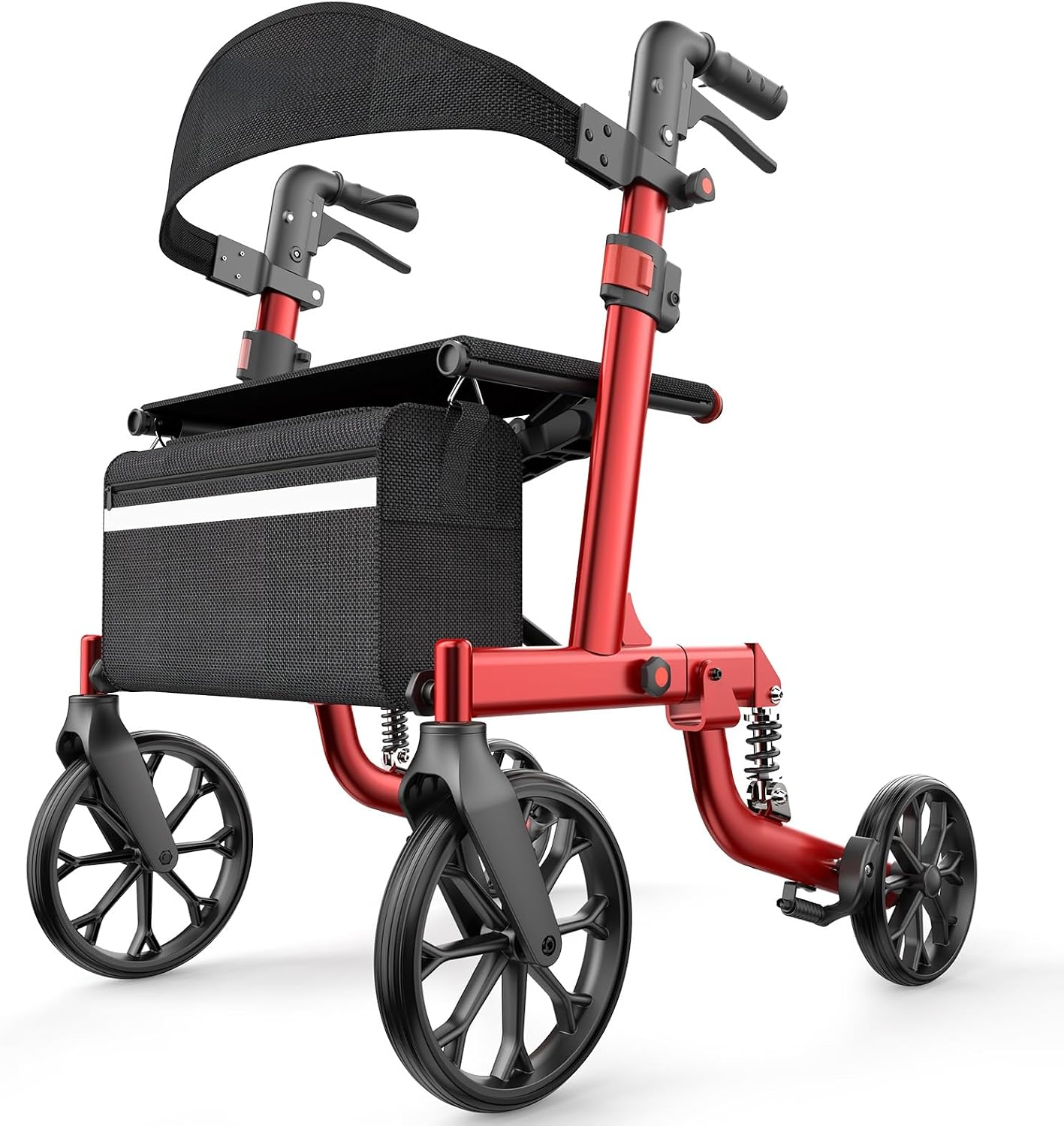Foldable Rollator Walkers with Seat for Seniors, All Terrain Outdoor（Red | Patented Shock-Absorbing,Tool-Free Adjustment,350 lbs Capacity, 10″ Solid Wheels,16.3lbs Lightweight, Fit 61"-74" Tall User