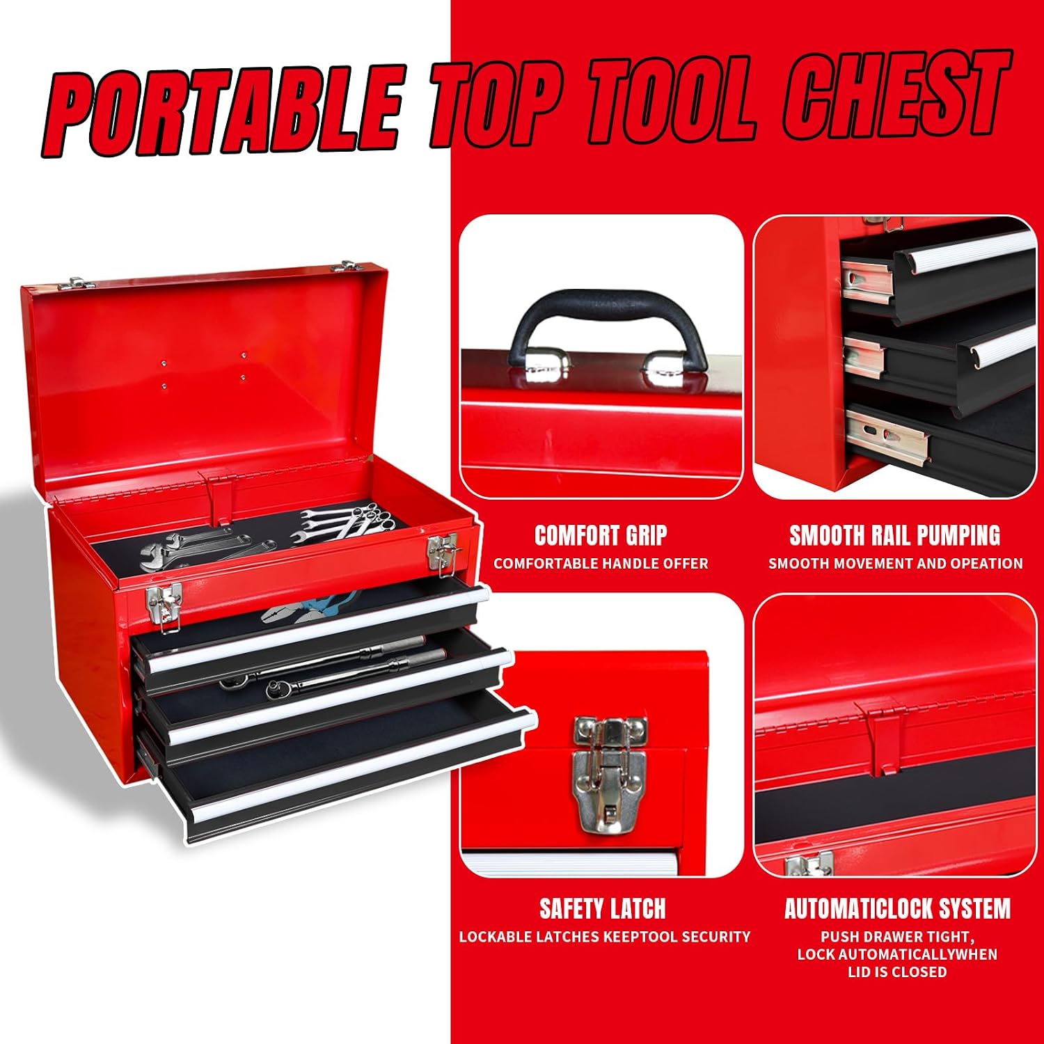 Road DAWG ATBT1204D-Red Torin Rolling Garage Workshop Tool Organizer: Detachable 4 Drawer Tool Chest with Large Storage Cabinet and Adjustable Shelf