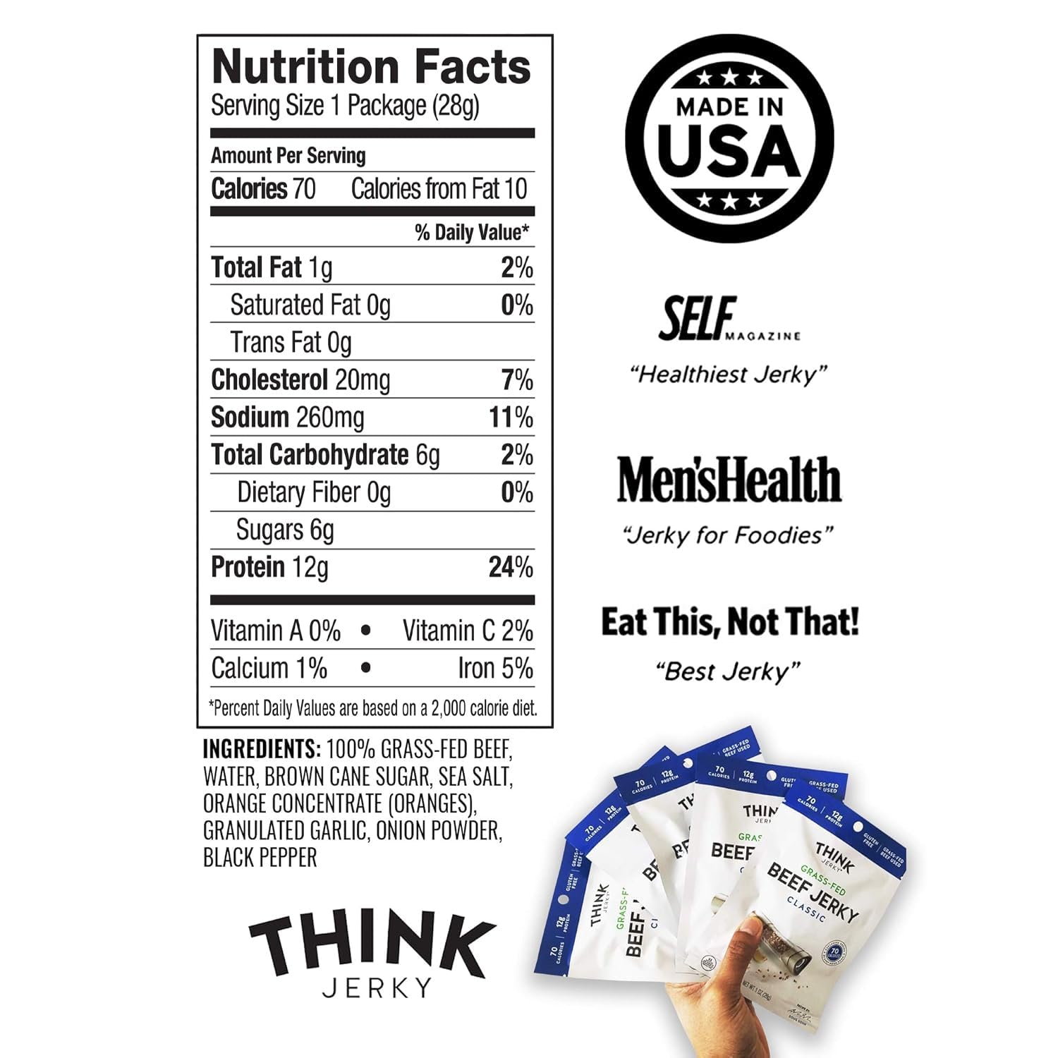 Think Jerky Sesame Teriyaki Beef Jerky, Grass-Fed High Protein Beef Jerky, Gluten Free, No Antibiotics or Nitrates, Healthy Chef Crafted Recipe, Low Calorie and Low Fat - 2.2 oz Bags, 4 Pack