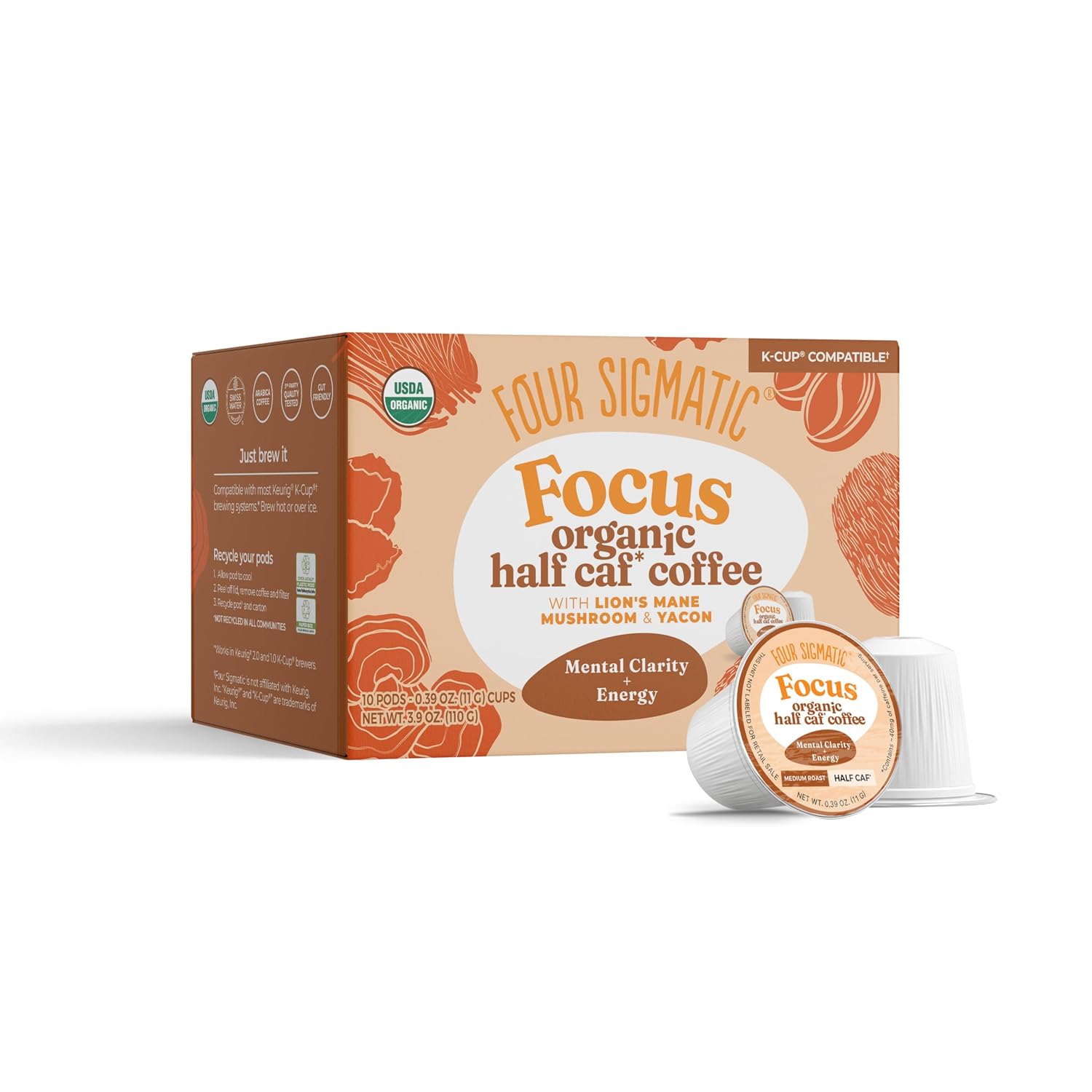 Four Sigmatic Mushroom Coffee K-Cups | Organic Dark Roast Coffee with Lion’s Mane Mushroom Powder & Yacon | Focus & Immune Support | Vegan & Keto