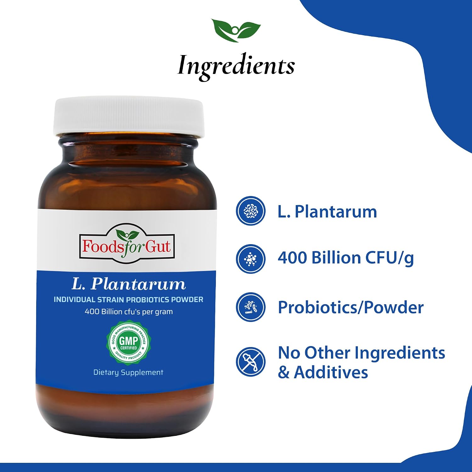 Foods For Gut Lactobacillus Plantarum Probiotic Powder 400 Billion cfu's | Made in USA | No Additives | Direct from Manufacturer | No Third-Party