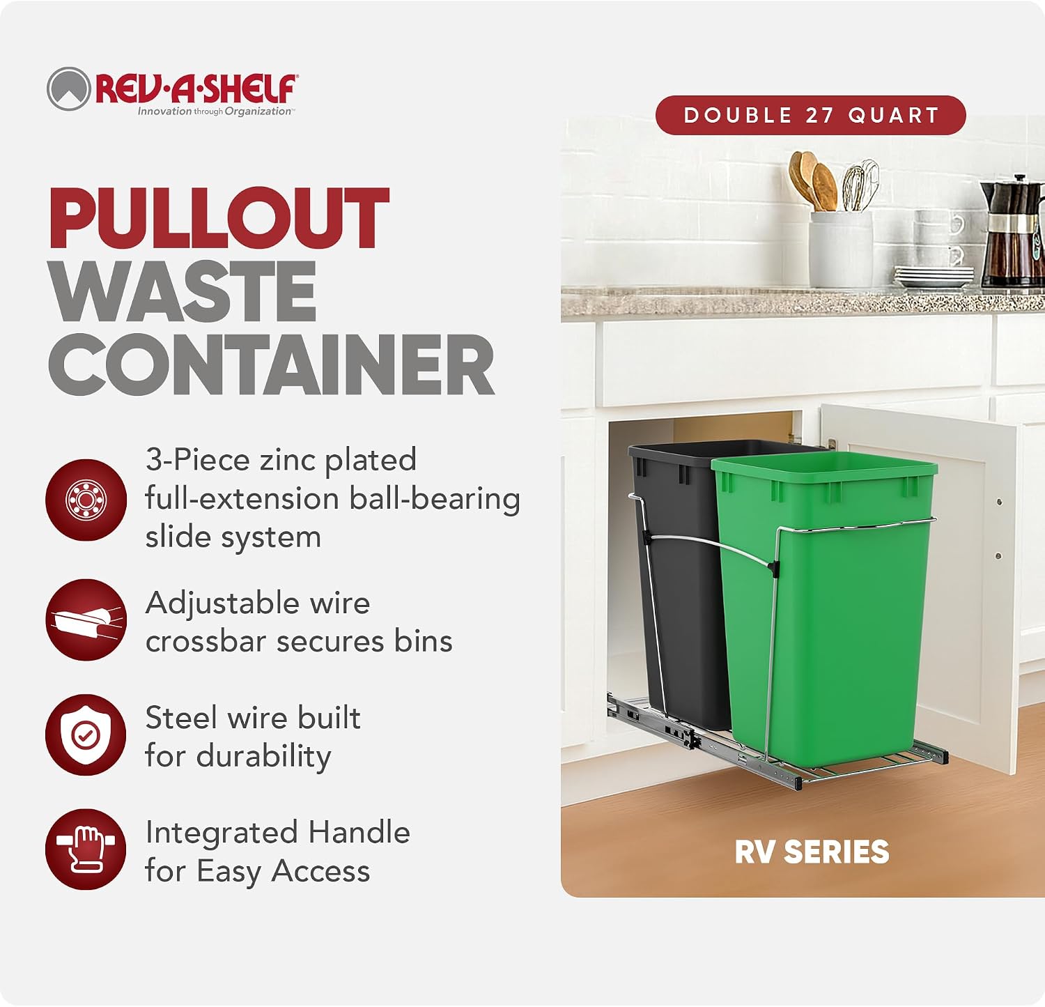 Rev-A-Shelf Double 27 Qt Pullout Trash Can for Base Kitchen Cabinets, Garbage Waste Bin System with Full Extension Slides, Min Opening Width of 11.5", Metallic Silver, RV-15KD-17C S