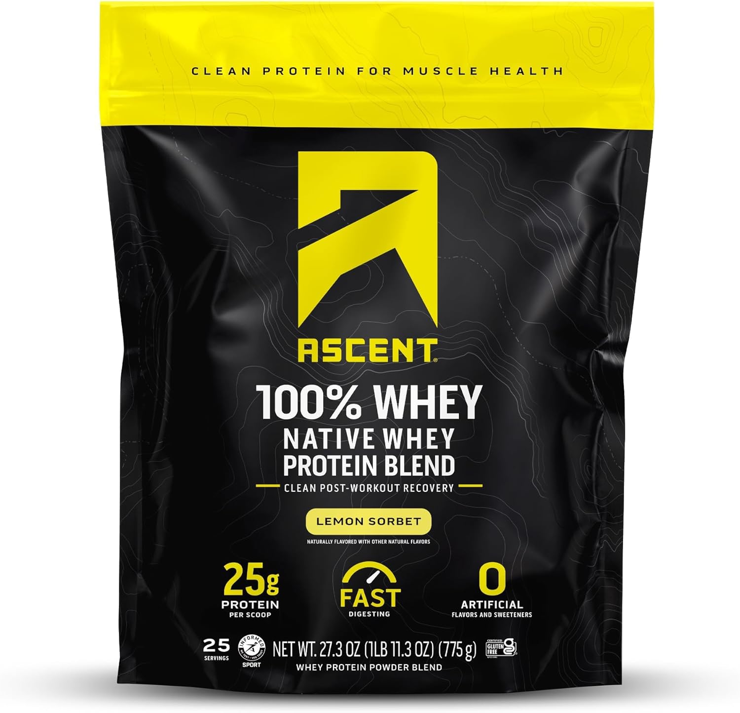 Ascent 100% Whey Protein Powder - Post Workout Whey Protein Isolate, Zero Artificial Flavors & Sweeteners, Gluten Free, 5.5g BCAA, 2.6g Leucine, Unflavored 2 lb