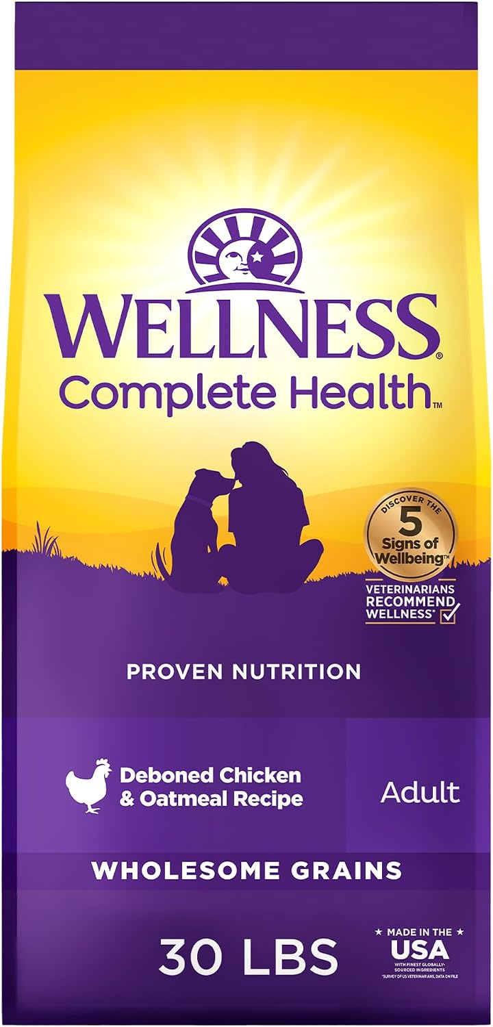 Wellness Complete Health Adult Dry Dog Food, Wholesome Grain Kibble, Natural, Chicken and Oatmeal Recipe, 5 lb Bag