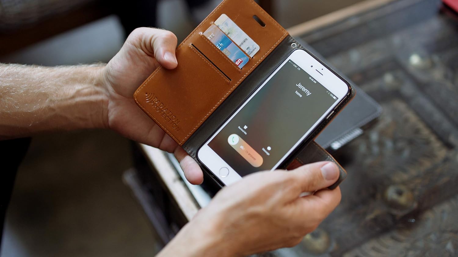 SafeSleeve EMF Blocking Wallet Case for iPhone 6/7/8, Black | EMF Blocker, Card Data Protection, Magnetic Closure, Leather Folio Protection for Daily Use