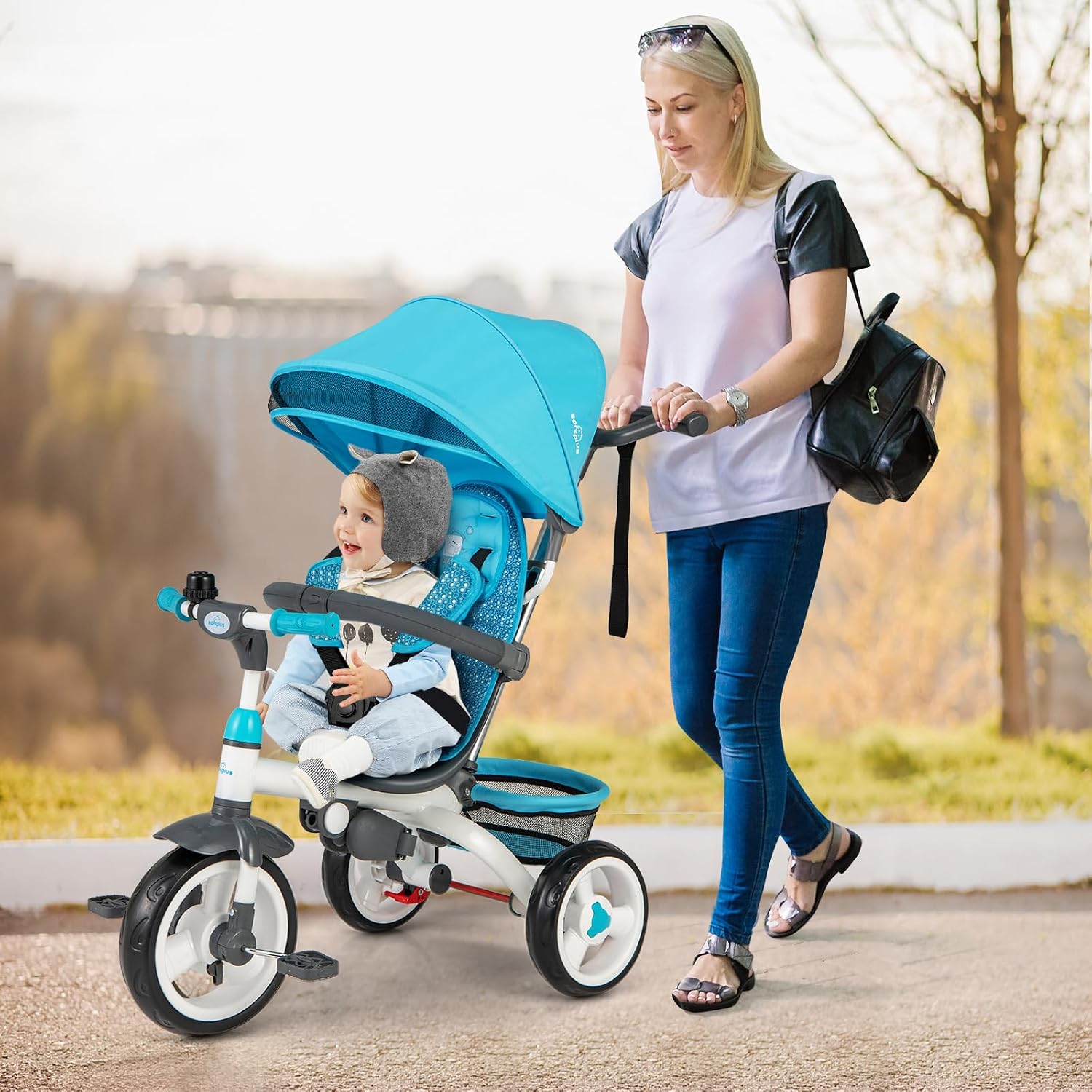 Costzon Tricycle for Toddlers, 6 in 1 Trike w/Parent Handle, Adjustable Canopy, Storage, Safety Harness & Wheel Brakes, Baby Push Tricycle Stroller for Kids Boys Girls Aged 9 Month-5 Years Old, Blue