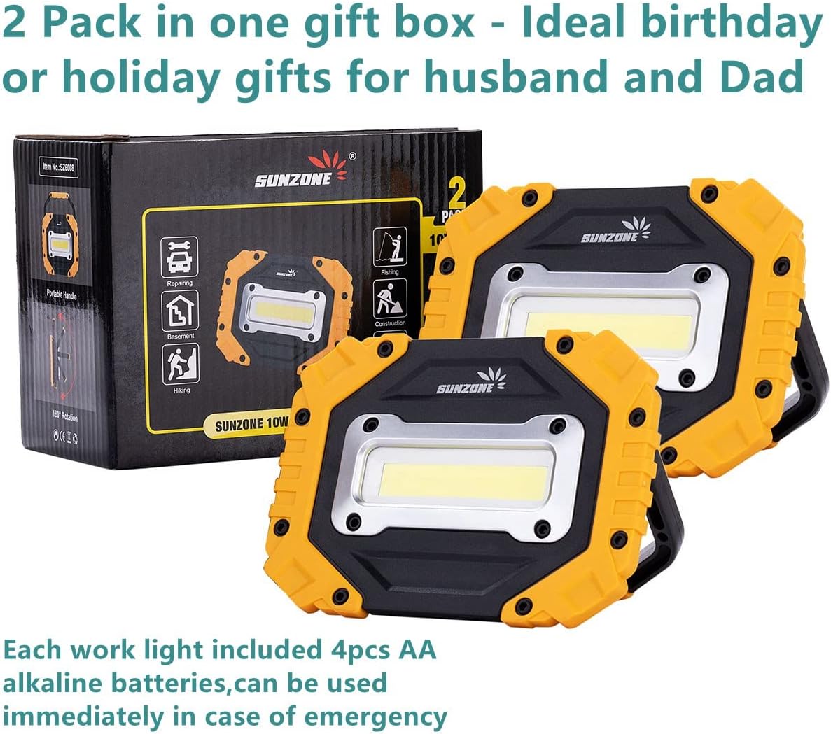 Sunzone LED Work Light, Rechargeable Work Lights with Magnetic Base, 2 Pack