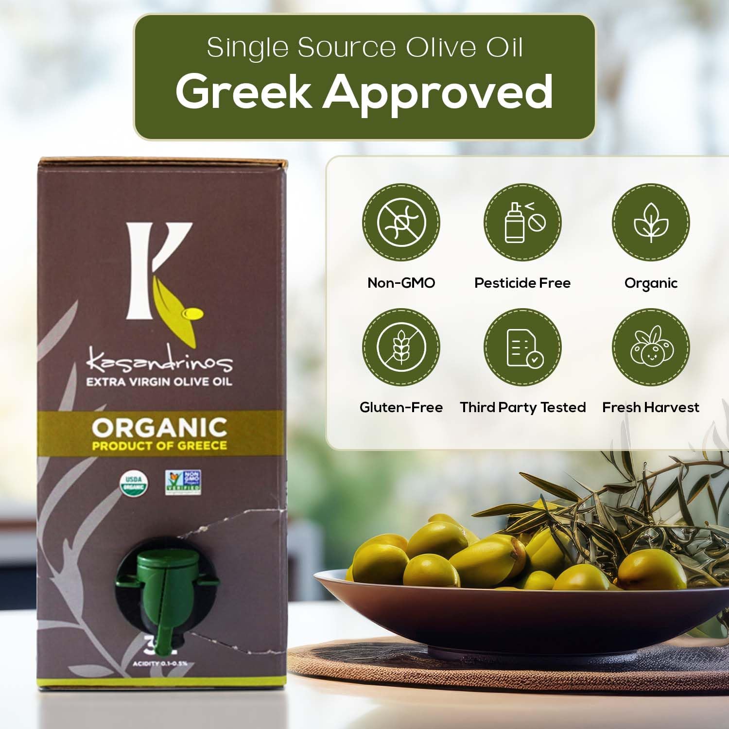 Kasandrinos Organic Olive Oil Extra Virgin, Polyphenol Rich Greek Olive Oil, 100% Organic First Cold Pressed, Mild + Delicate Flavor, Verified by Non GMO, 500 ml / 16.9 oz