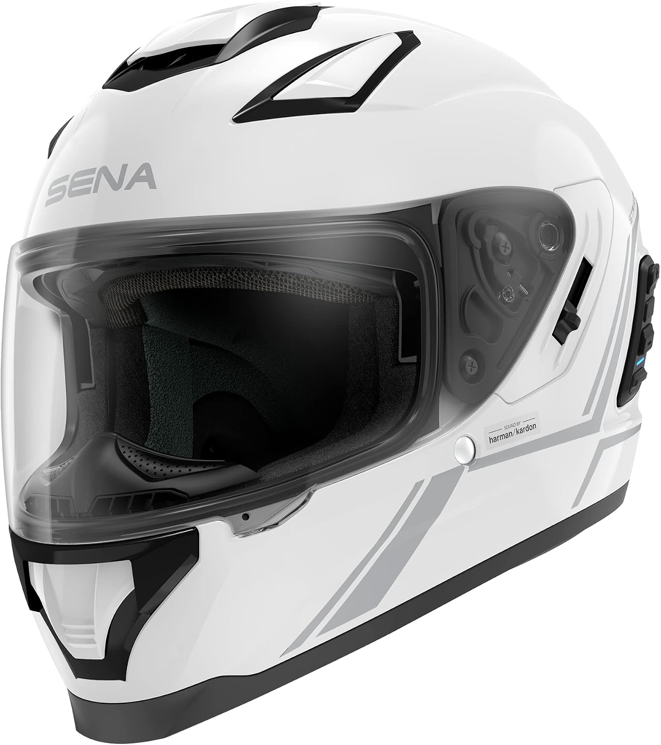 Sena Stryker Full Face Smart Helmet with Integrated Mesh and Bluetooth Communications, LED Taillight, and Sound by Harman Kardon, DOT (Gloss White, X-Large)