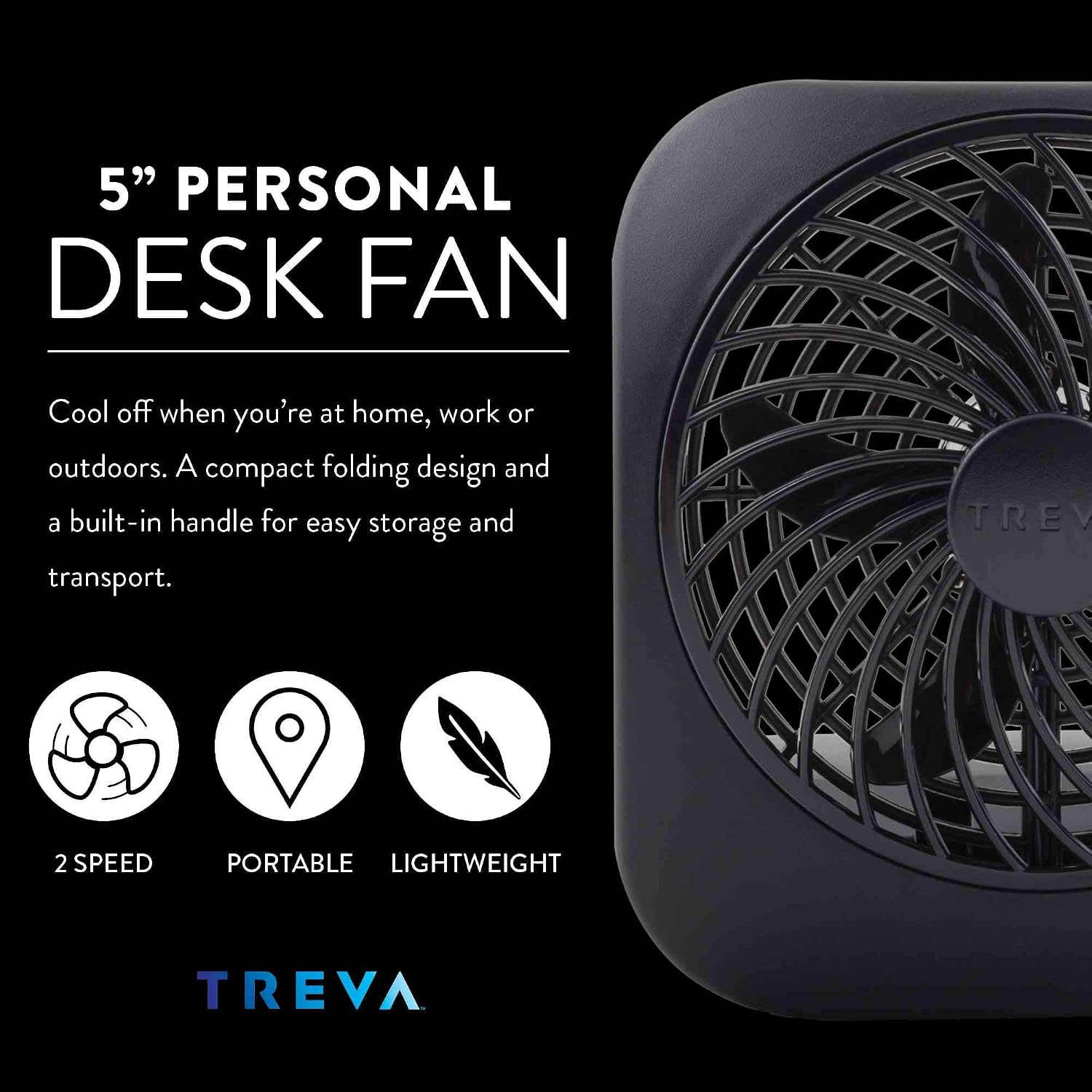 O2COOL Treva 5 in Portable Battery Powered Desk Fan 2-Speed Black | Yes