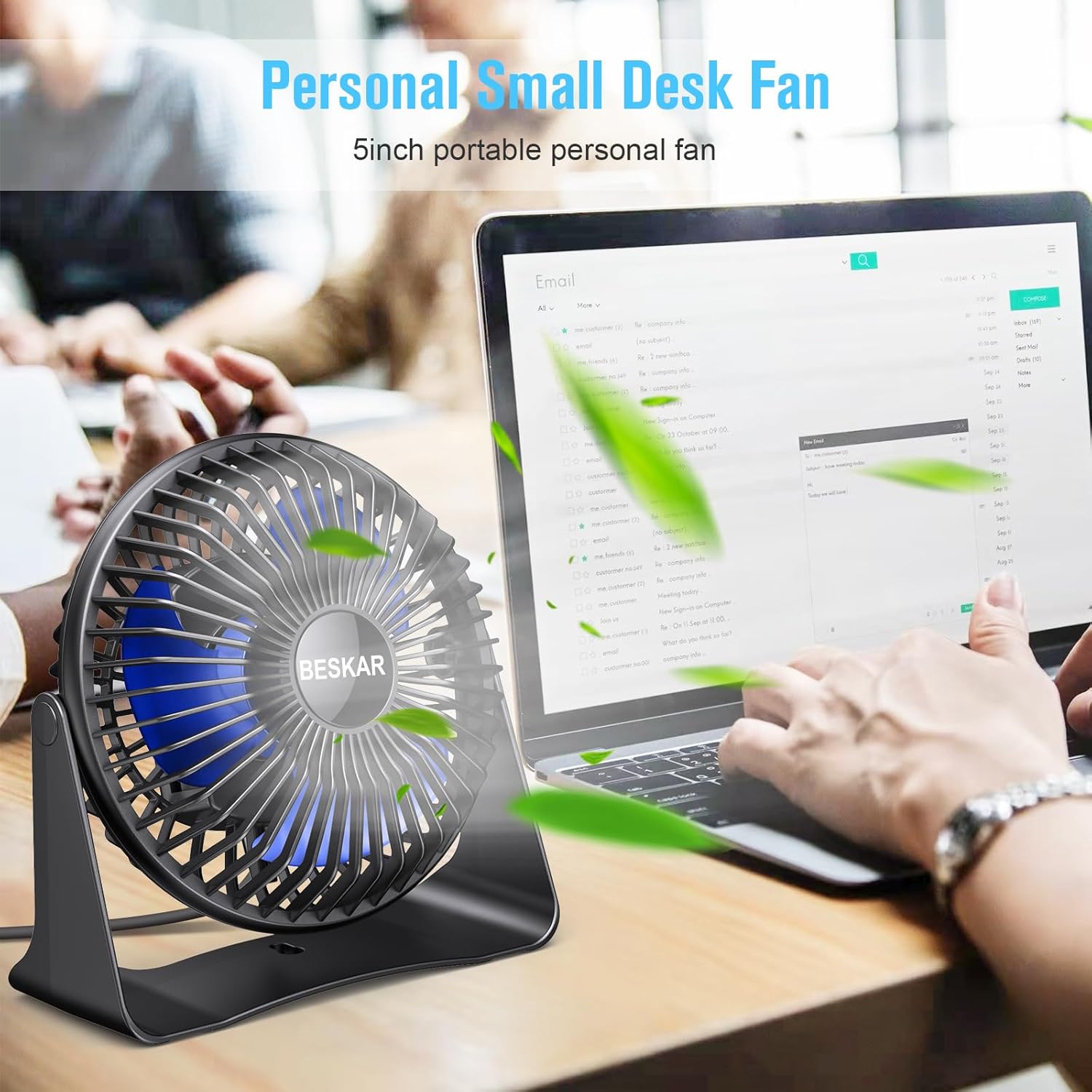 BESKAR USB Small Desk Fan, Portable Table Fans with 3 Speeds Strong Airflow