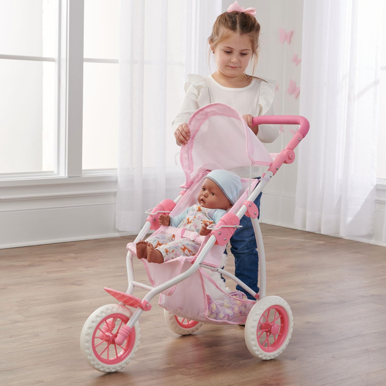 Badger Basket Foldable Jogging Style Doll Stroller - Adjustable Handle, Canopy, Straps & Basket - Fits 18-22" Dolls