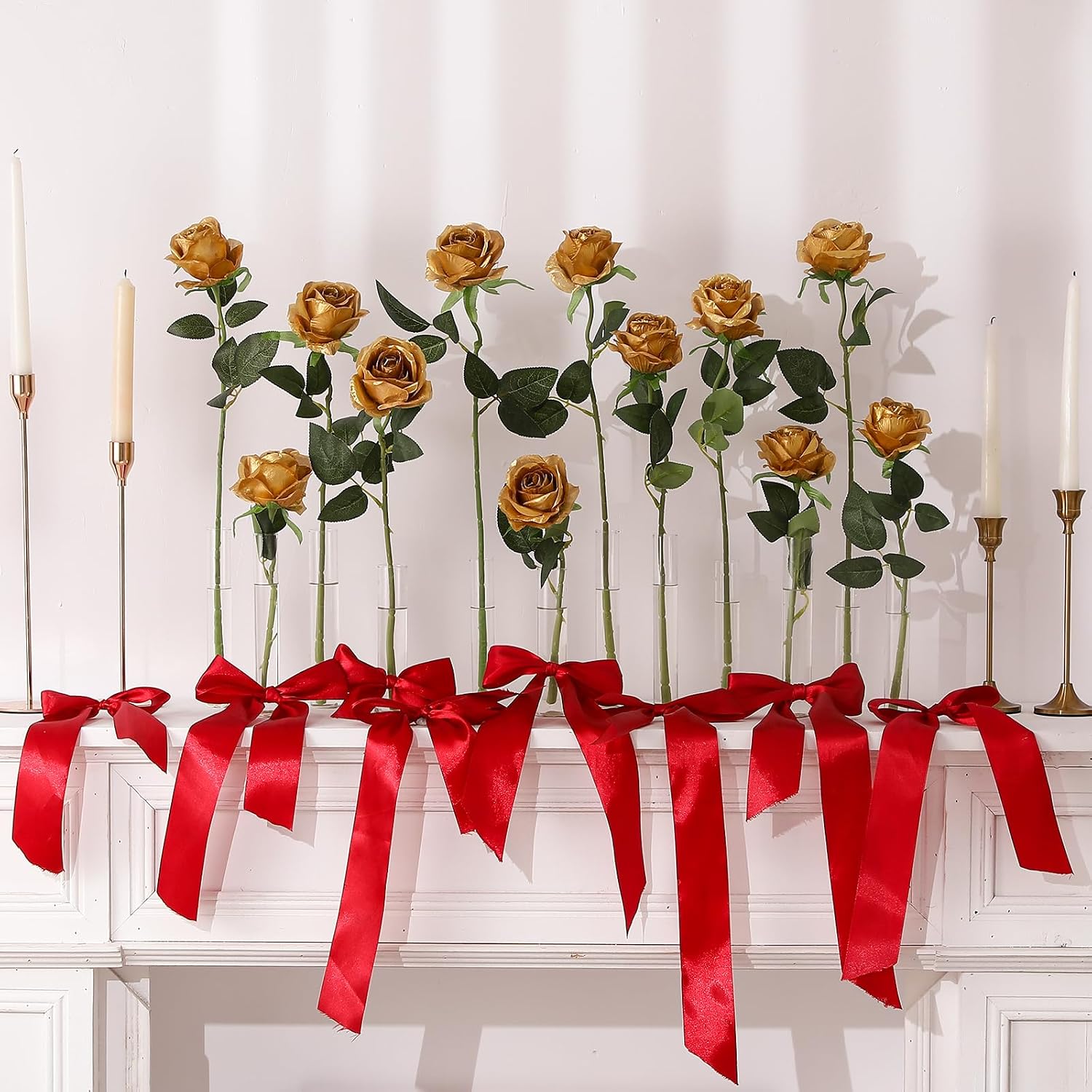 Hawesome 12PCS Artificial Silk Flowers Realistic Roses Bouquet Long Stem for Home Wedding Decoration Party (Yellow, 6 Flowers 6 Buds)
