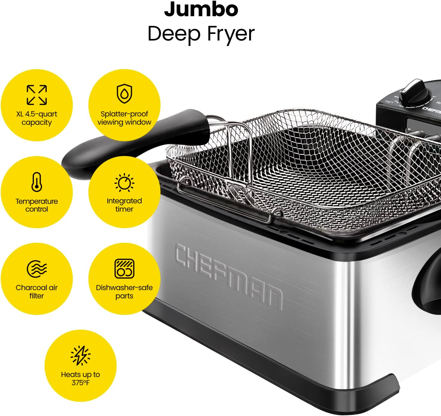 Chefman 4.5 Liter Deep Fryer w/Basket Strainer, XL Jumbo Size, Adjustable Temperature & Timer, Perfect for Fried Chicken, Shrimp, French Fries