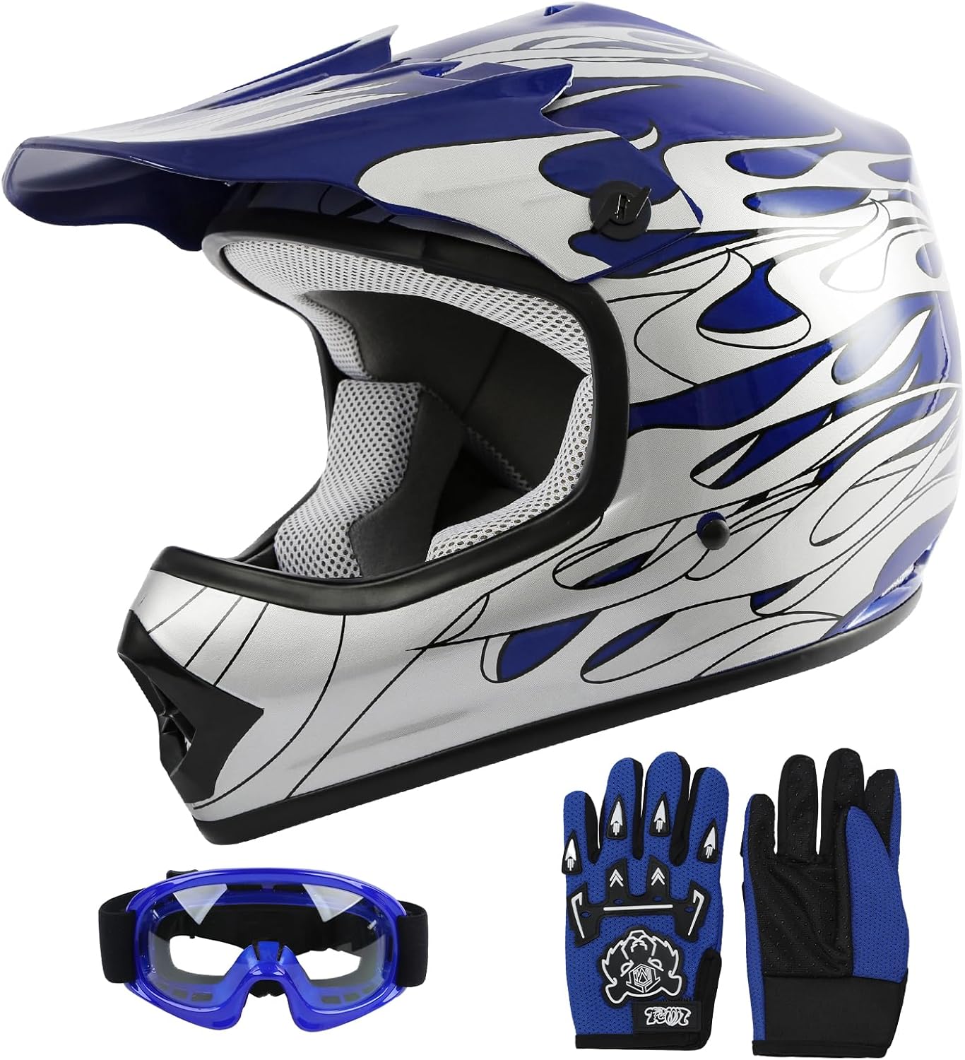 SLMOTO ATV Helmets for Kids Youth DOT Motocross Offroad Street Helmet Motorcycle Blue Helmet Dirt Bike Motocross Helmet+Goggles+Gloves