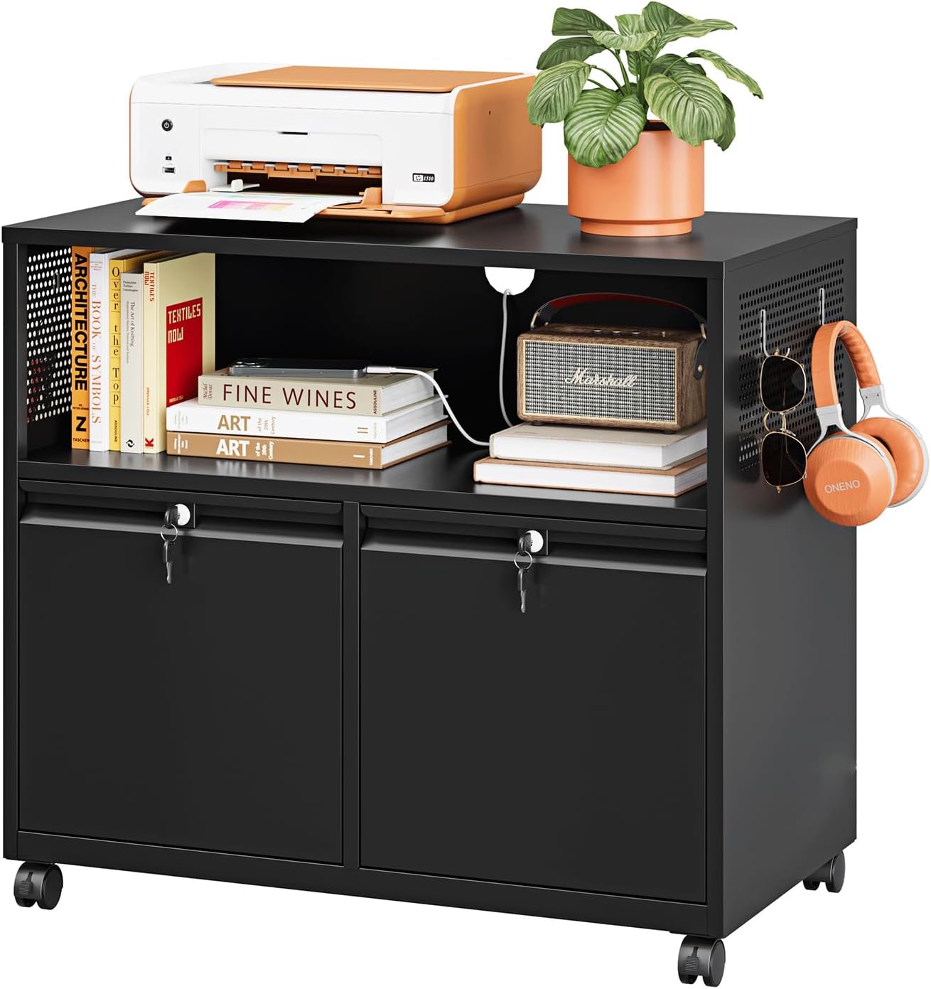 3 Drawer File Cabinet with Lock,Mobile Lateral Filing Cabinet with Side Hook for Letters/Legal/A4, Metal Printer Stand Storage Cabinets with Shelves for Home Office(Black)