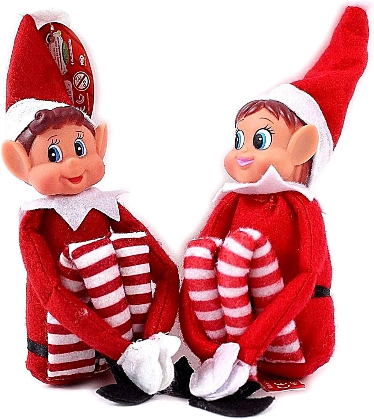 Glow Set of 2 Naughty Little Xmas Elves - Playful Elf Figure with Soft Body, Vinyl Face, Hook and Loop Grip Elves Behavin’ Badly Christmas Family Elfie Elvie Toy Boy Girl