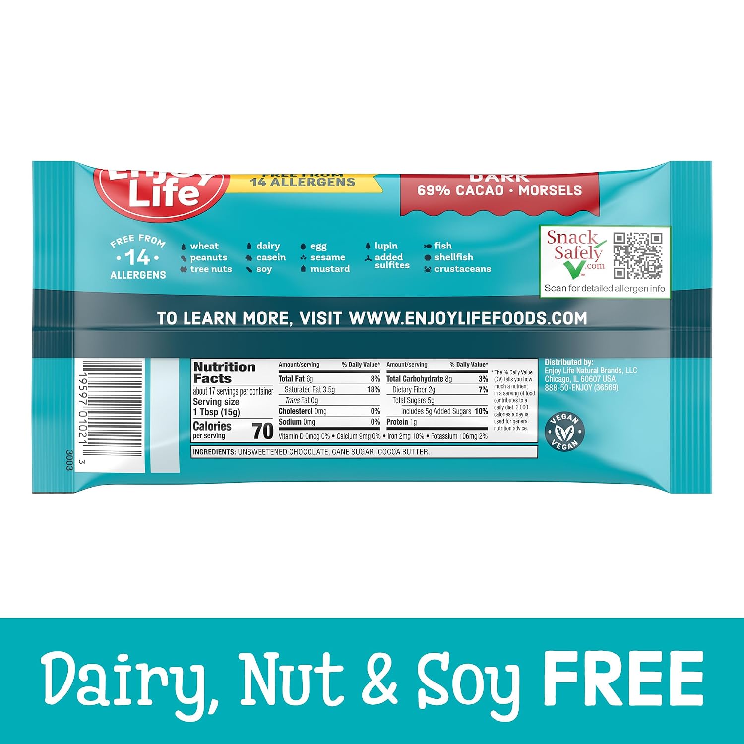 Enjoy Life Baking Dark Chocolate Morsels, Dairy Free , Soy Free, Nut Free, Non GMO, Gluten Free, Vegan Chocolate Chips, 9 oz bag