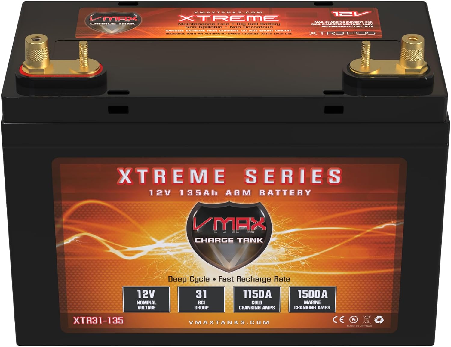 VMAX XTR31-135 Golf Cart and marine 1500MCA AGM Group 31 Deep Cycle Battery 12V 135Ah