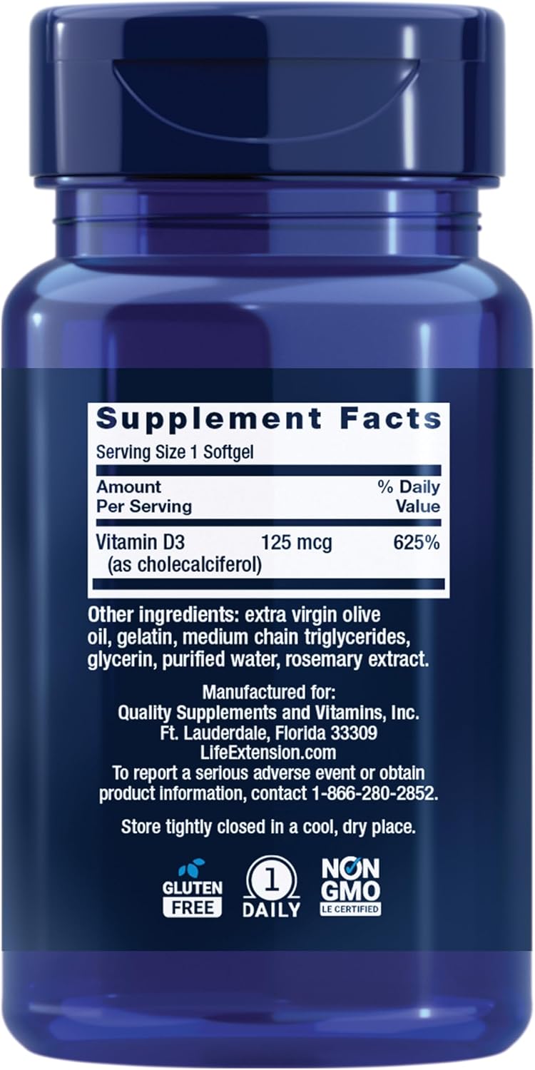 Life Extension Vitamin D3 125 mcg (5000 IU), Bone Health, Brain Performance, Immune System Support, Gluten-Free, Non-GMO, Once Daily, Two-Month Supply, 60 Softgels | Bone Health, Cognitive Health & Immune System Support, Gluten-Free & Non-GMO, Once Daily…