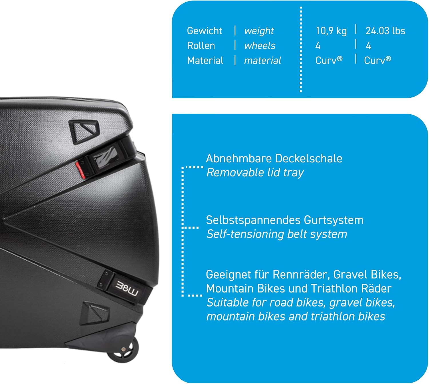 B&W Bike Guard Curv Hard Shell Bike Case - Curv Material 12x Stronger Than ABS - Road, Triathlon, Mountain Bikes up to 29 Inch - 24 lb - TSA Approved