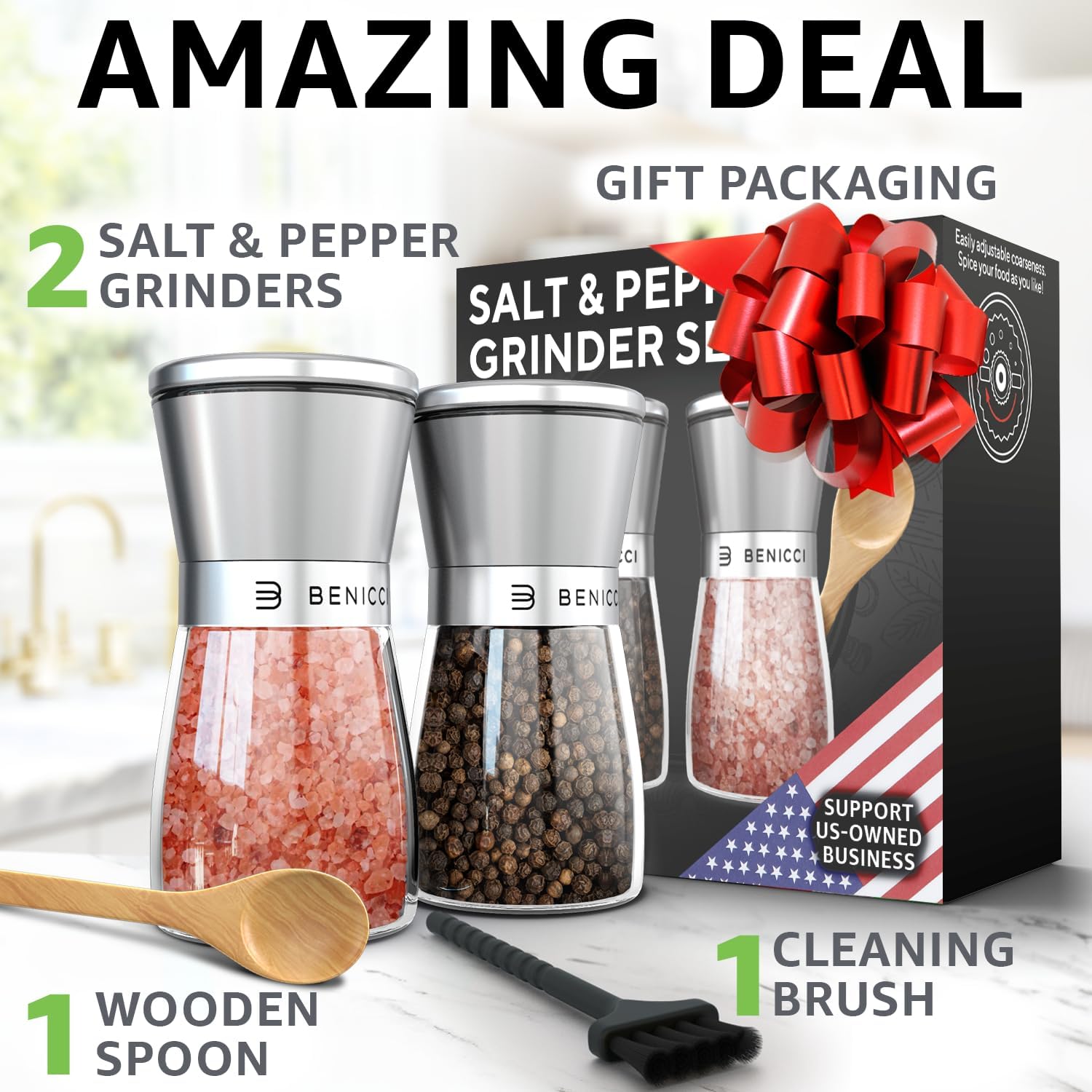 Manual Salt and Pepper Grinder Set of 2, 5 oz Refillable Ceramic Mills