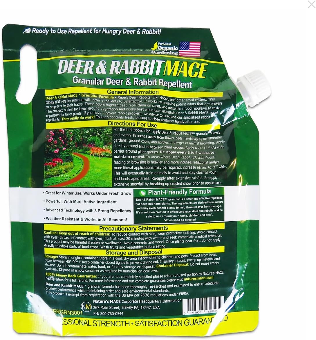 Nature's MACE Deer & Rabbit Repellent 25 lb Granules | Covers 25,000 Sq Ft, Repel Deer from Your Home & Garden, Deterrent, Safe to use Around Children, Plants, Produce.