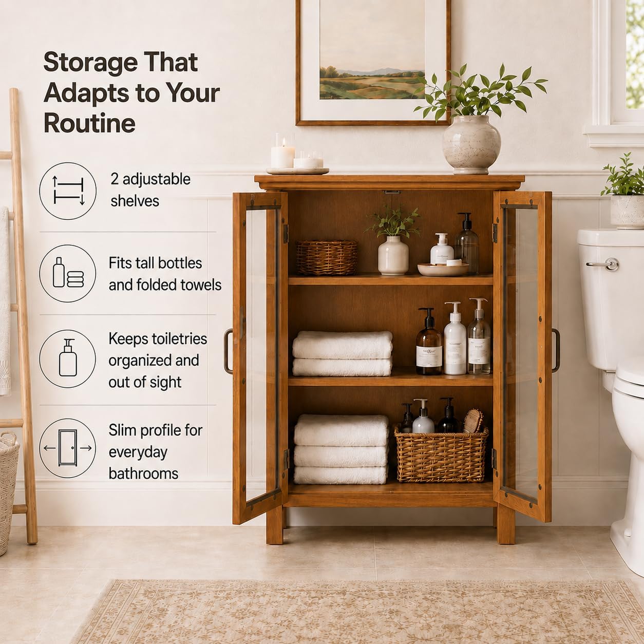 Teamson Home Avery Wooden Freestanding Floor Cabinet with 2 Adjustable Shelves 3 Storage Spaces 2 Glass Paneled Doors and 2 Antique Brass Knobs