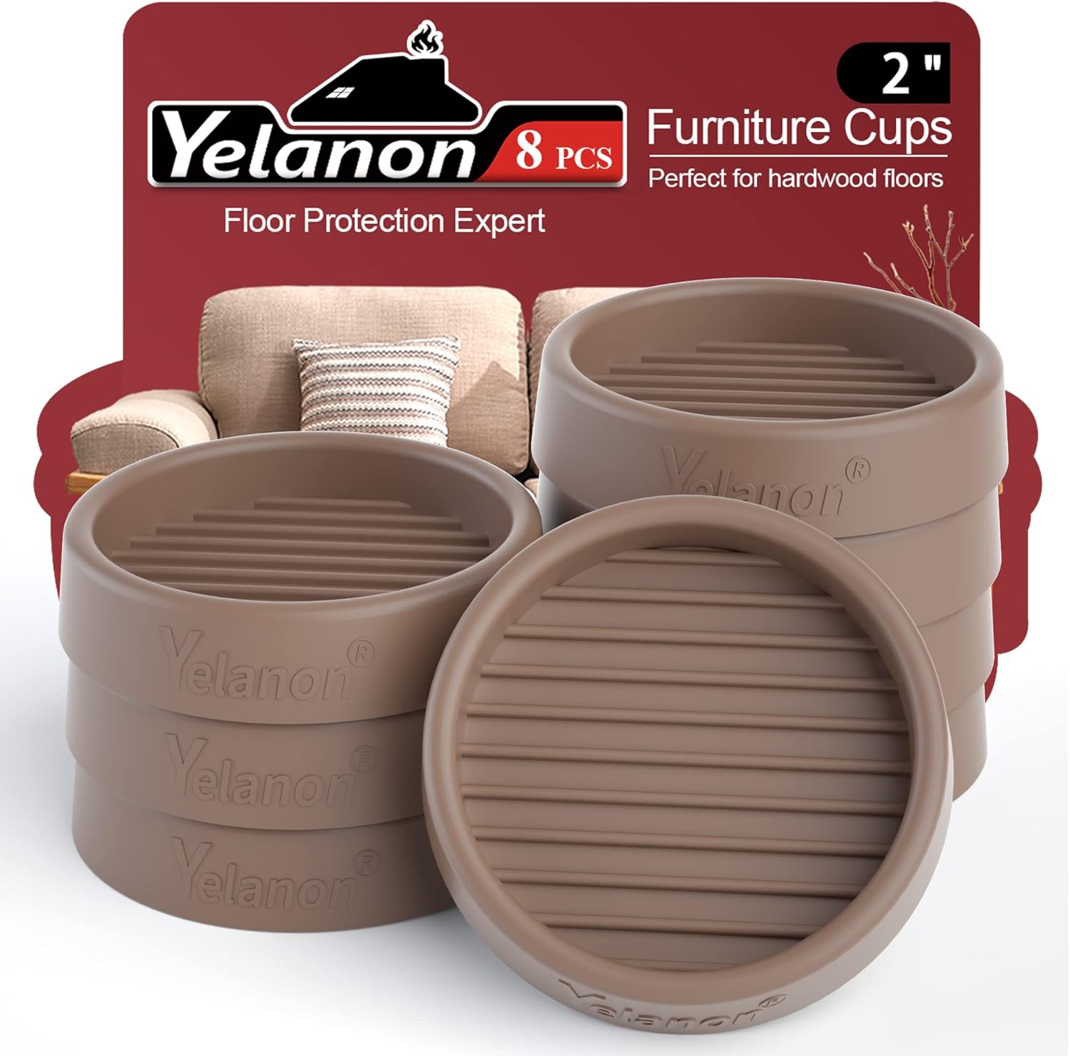 Yelanon Furniture Coasters 8 Pcs 3" Square Brown Caster Cups for Hardwood