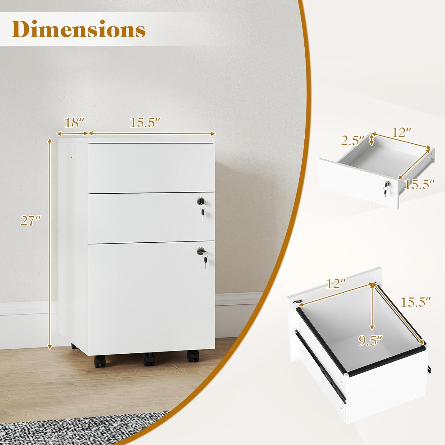 Mobile File Cabinet with 3 Drawers, Wooden Rolling Filing Cabinet with Lock, Under Desk File Organizer for A4/Letter/Legal Size, for Home Office, Study (White)