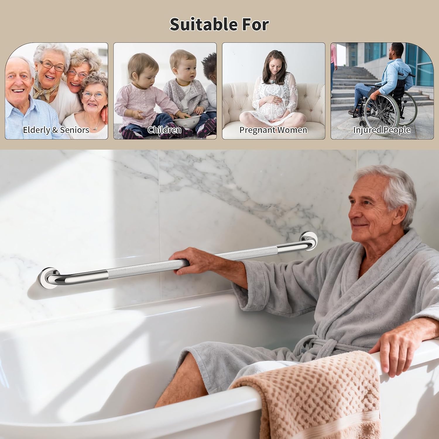 40 Inch Brushed Nickel Shower Grab Bar Anti-Slip Knurled Grip,Safety Handle | YuanDe 1.25" Diameter Stainless Steel Bathroom Grab Bars, Handicap Injury Elderly Senior Assist Support Shower Handle-2Packs
