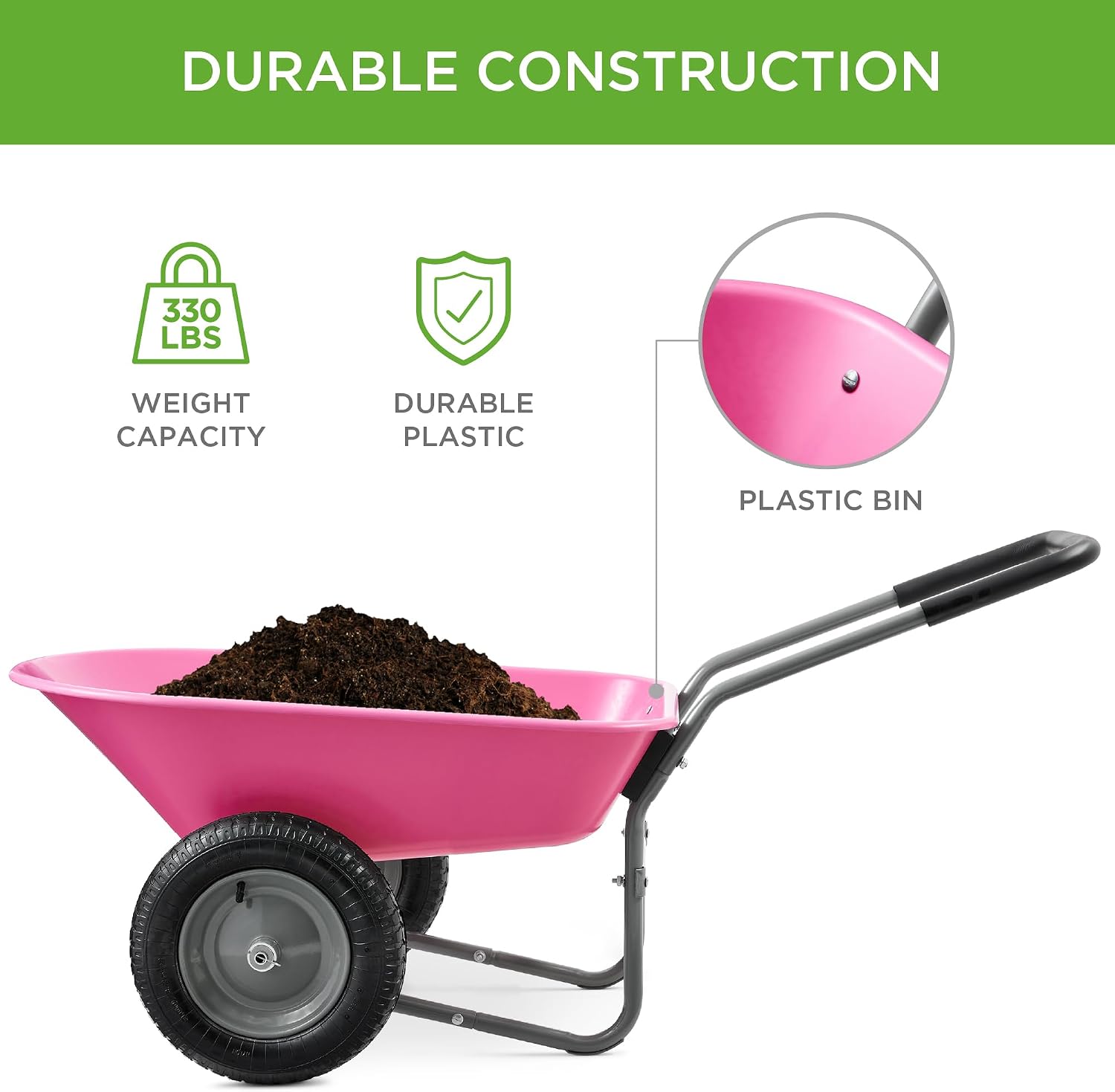Best Choice Products Dual-Wheel Home Utility Yard Wheelbarrow Garden Cart w/Built-in Stand for Lawn, Gardening, Construction - Green