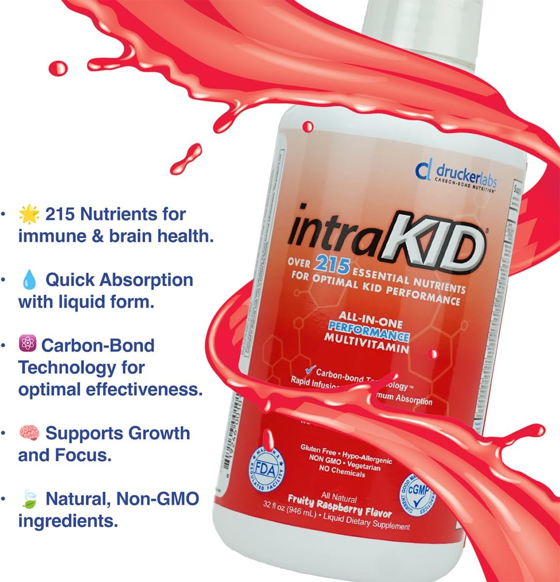 Drucker Labs Kids Liquid Multivitamin with 225+ Nutrients,32 fl oz | Drucker Labs intraKID Kids liquid Multivitamin with 225+ Nutrients,32 fl oz