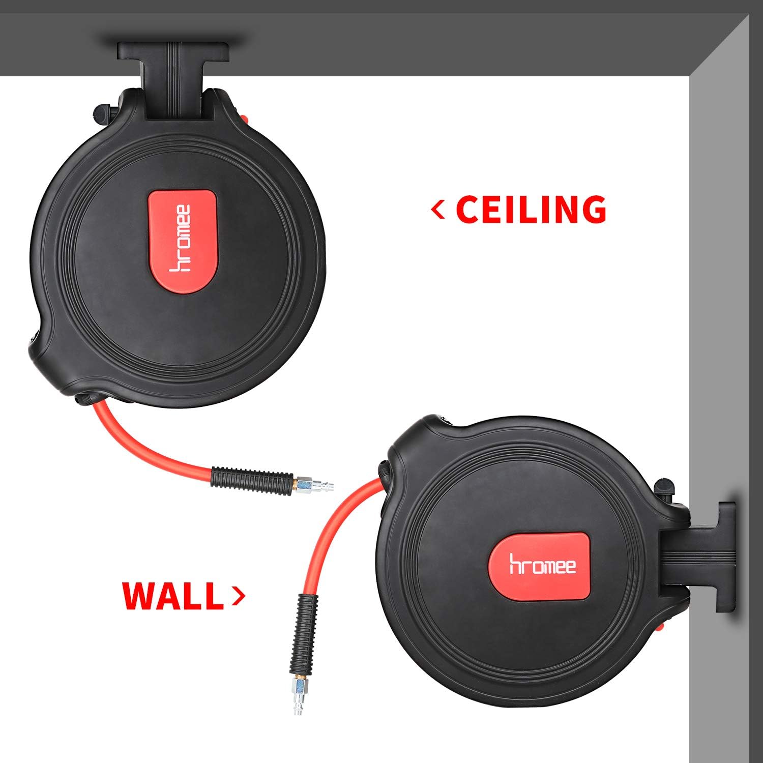 Hromee Air Compressor Hose Reel with Automatic Retractable Enclosed 3/8 Inch × 50 Feet Hybrid Pneumatic Hose