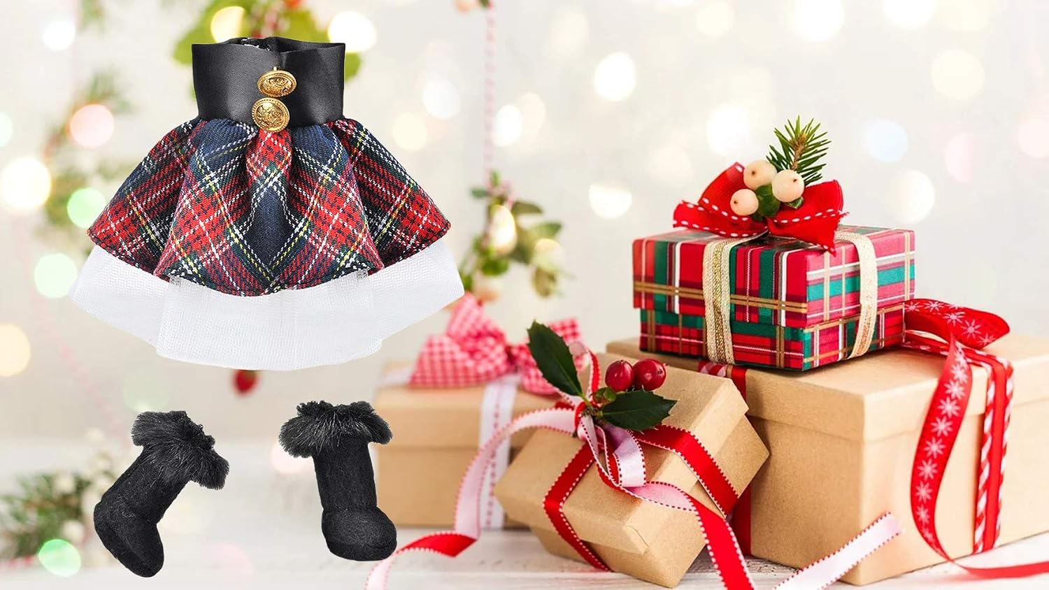 E-TING Santa Clothing Red-Blue Plaid Dress with Boots for elf Doll